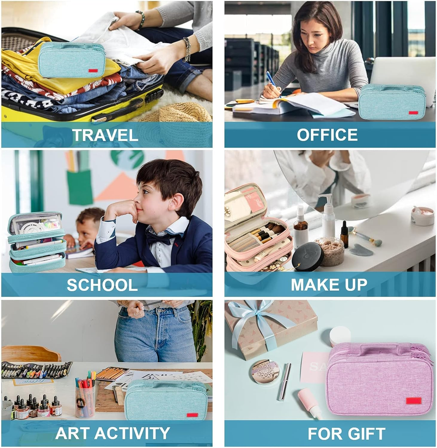 Large Capacity Pen Pencil Case Stationery Storage Large Handle Pen Pouch Bag 3 Layers Pen Pencil Organizer Bag with Double Zipper, Cosmetic Bag for College Students Men Women Girls Adults (Blue) image number 2