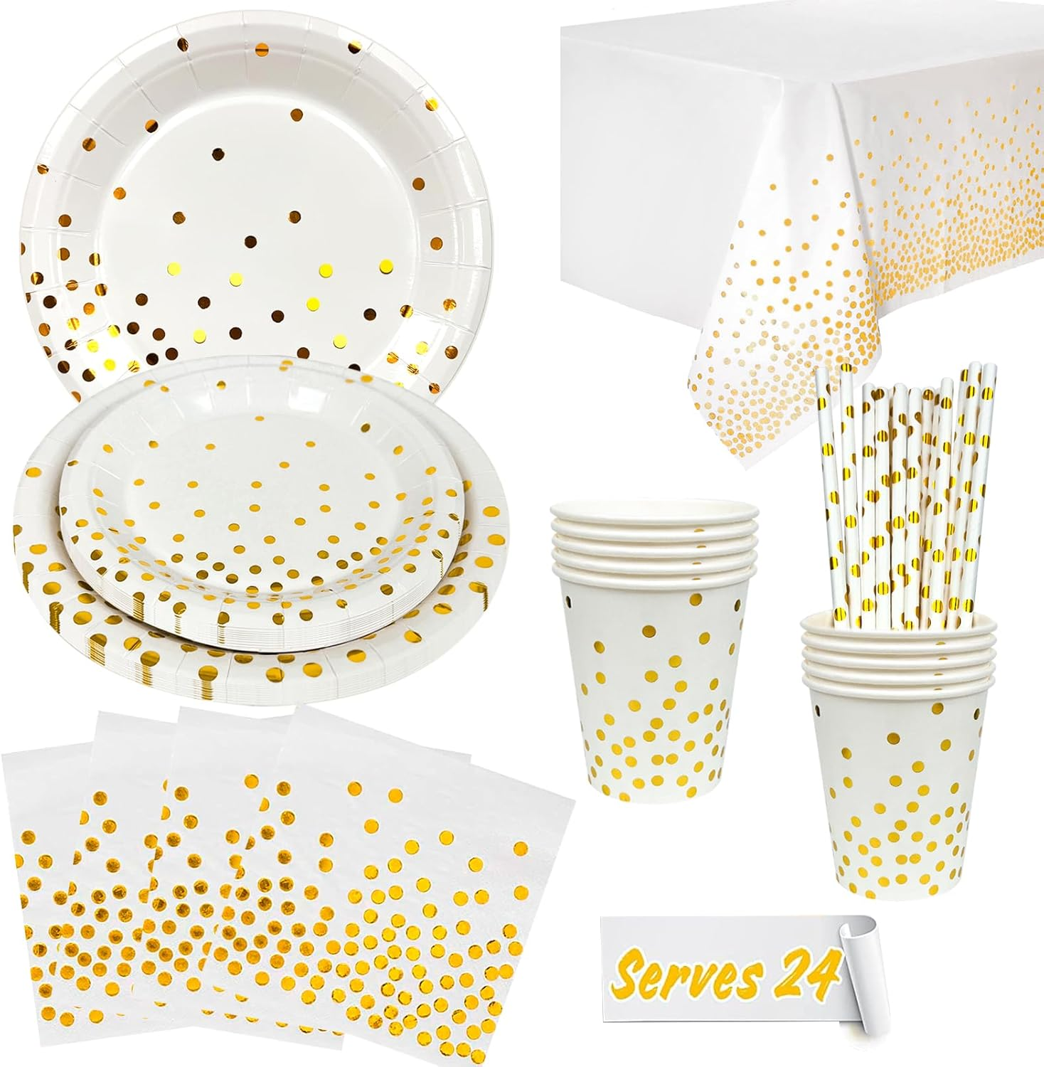 White and Gold Party Supplies, 24 Guests Gold Paper Plates and Napkins Party Supplies Set - White and Paper Plates Cups Tablecloth & Dot Napkins for Graduation, Holiday image number 4