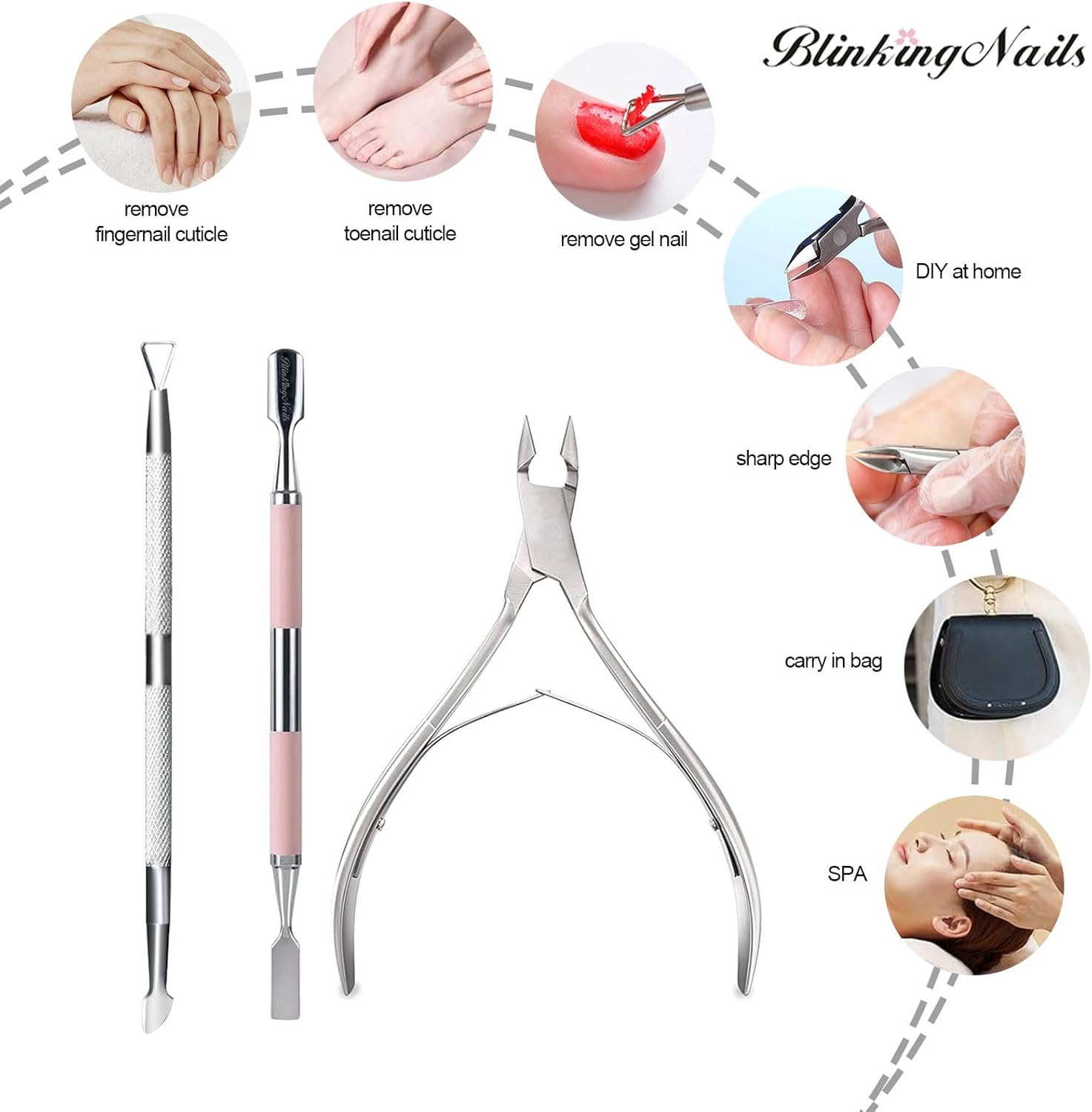 Blinkingnails Nail Cuticle Trimmer with Cuticle Pusher, Cuticle Cutter Nipper Professional Pedicure Manicuer Remover Tool Set,Nail Scraper Nails Clipper, Cuticle Remover Tool 3Pcs image number 6