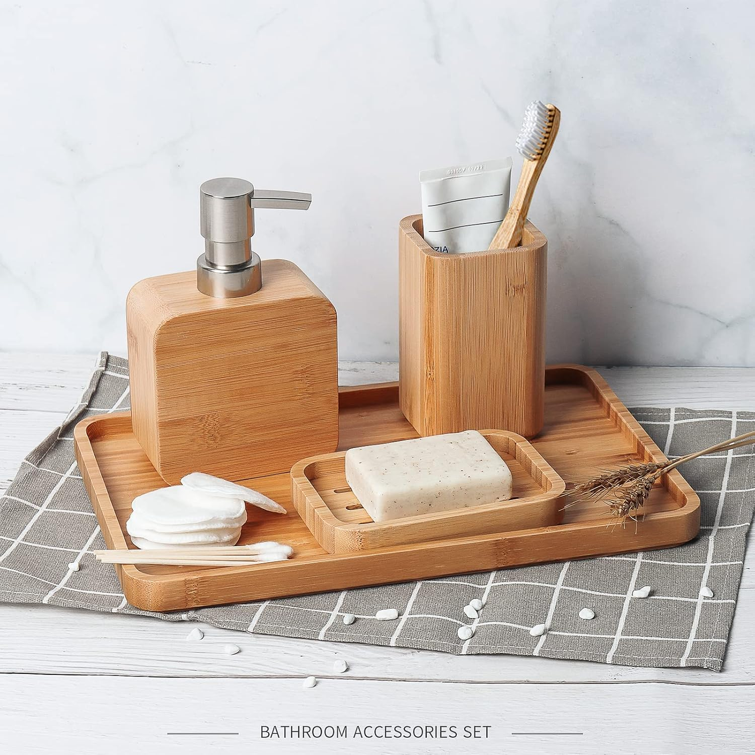 Asashizen 4-Piece Retro Handmade Bamboo Bathroom Accessory Set, Bathroom Set, Soap Dish Holder for Shower, Lotion Soap Dispenser, Mouthwash Cup, Rinse Cup, Organiser Tray image number 6