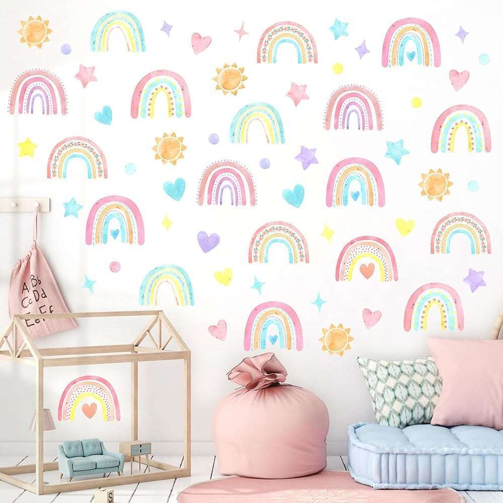 Boho Watercolor Rainbow Wall Stickers Polka Wall Decor Stickers Sun Star Heart Wall Art Stickers for Girls Bedrooms Living Room Decor Baby Nursery Home Office Sofa Decorations image number 2
