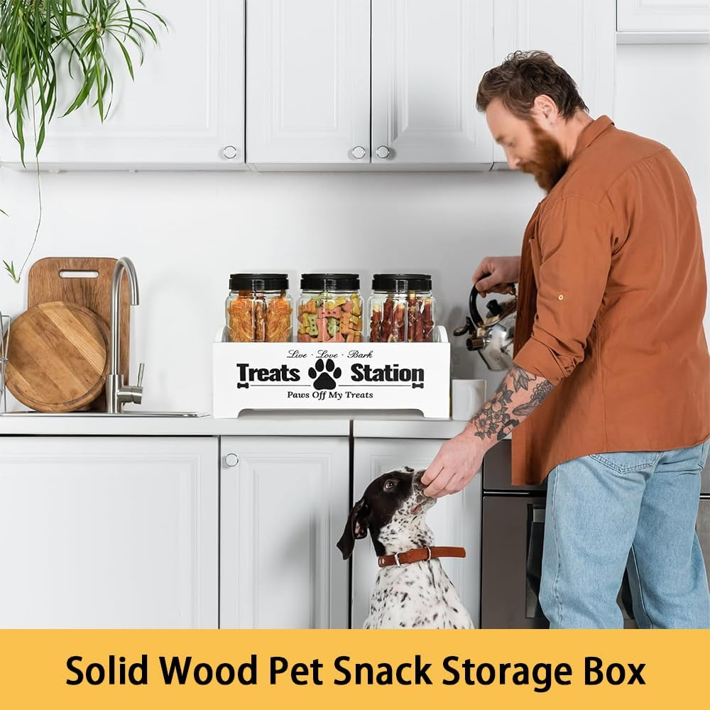 RUTREZOGO Wooden Dog Treat Organizer with 3 Airtight Jars, Pet Food Storage Container for Dogs, Cats, and Small Animals, Farmhouse Dog Treat Holder for Kitchen Counter or Home Decor image number 6