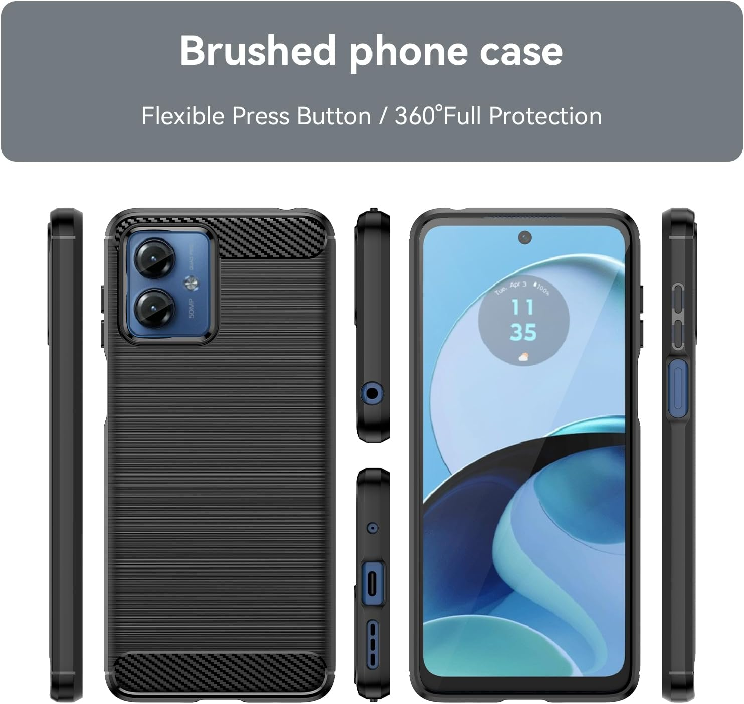 Asuwish Phone Case for Motorola Moto G14 with Tempered Glass Screen Protector Cover and Cell Accessories Silicone Rubber Slim Thin Soft TPU Protective Hybrid Motog14 G 14 Women Men Carbon Fiber Black