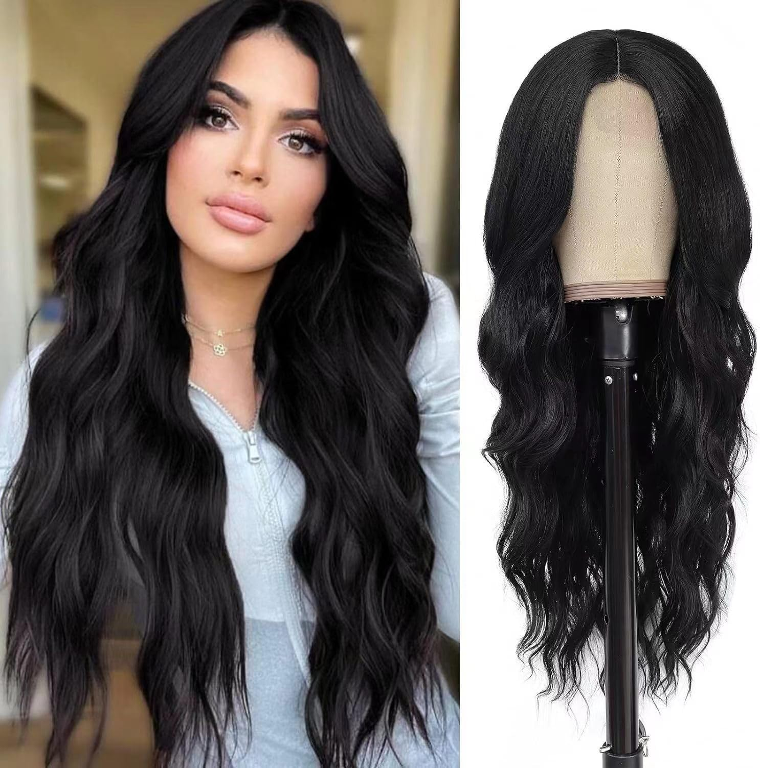 Long Wavy Wigs Mixed Brown Wig Middle Parting Women Synthetic Hair Waves Long Wig Natural Wavy Brown Wigs for Women, 54 Cm (Black)