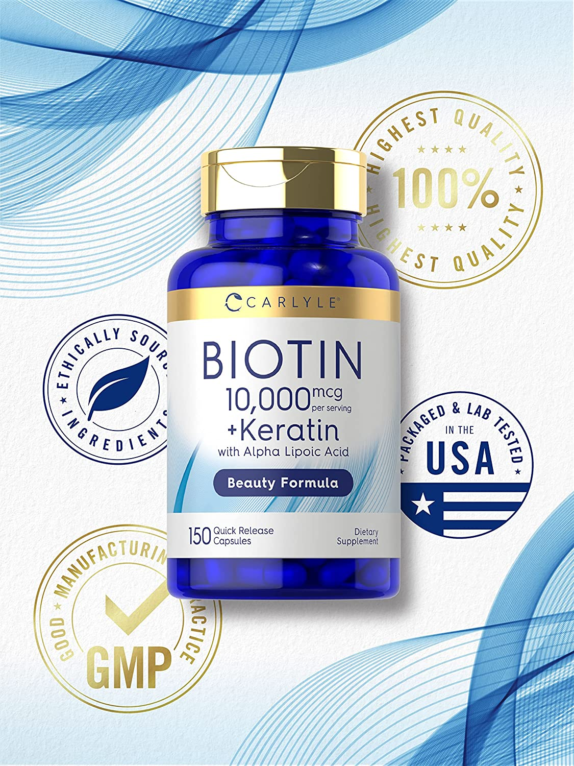 Biotin 10000Mcg | 150 Capsules | Beauty Formula with Keratin | Non-Gmo, Gluten Free Supplement | by Carlyle