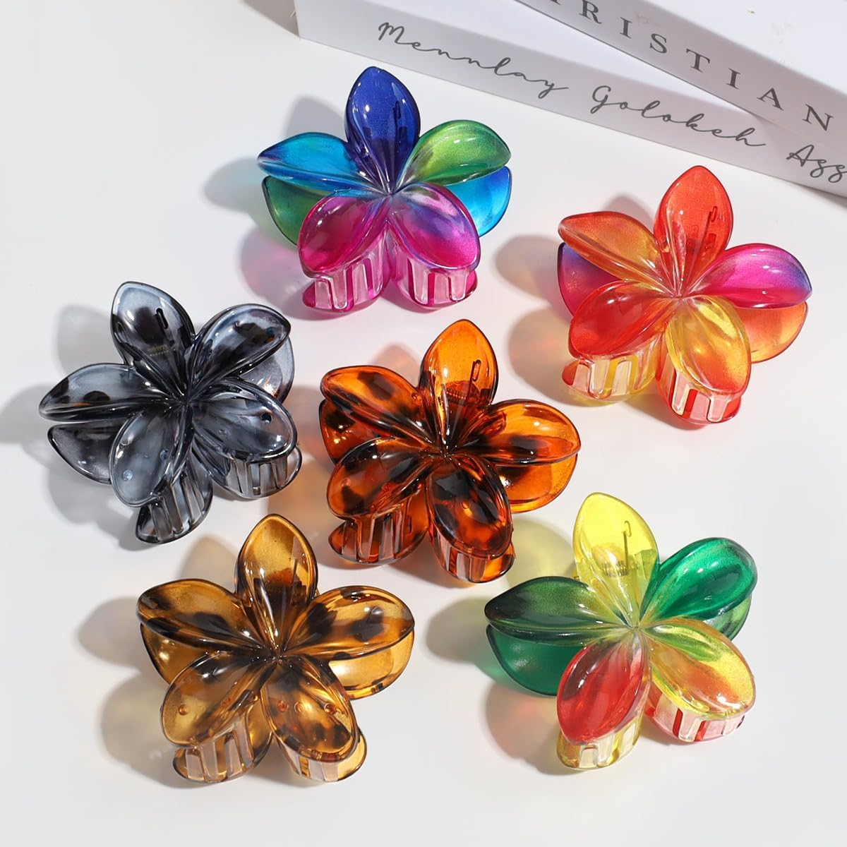 Blausky Pack of 6 Flower Hair Clips, Plumeria Flowers Hair Clips, Flower Hair Clip, Hawaiian Hair Accessories, Colourful Flower Hair Clip, Non-Slip, Cute Acrylic Hair Clips for Women, Leopard Brown image number 5