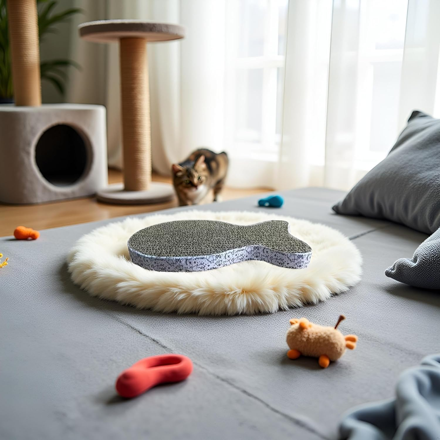 Cat Scratching Board Cat Premium Scratch Textures Cardboard Anti-Scratch Stress Relieve Indeformable Fish Board Self-Adhesive Beds and Furniture 28&times;15&times;2.5 Cm image number 3