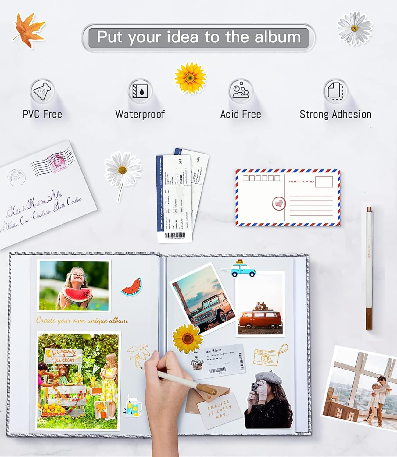 EZKOXAH Photo Album Self Adhesive Book with Picture Window Linen Cover, 20 Pages/40 Sides DIY Pasted for Family Travel, Baby Growth Record, Wedding Scrapbook, Birthday Gifts (Gray, Medium (28X27Cm)) image number 1