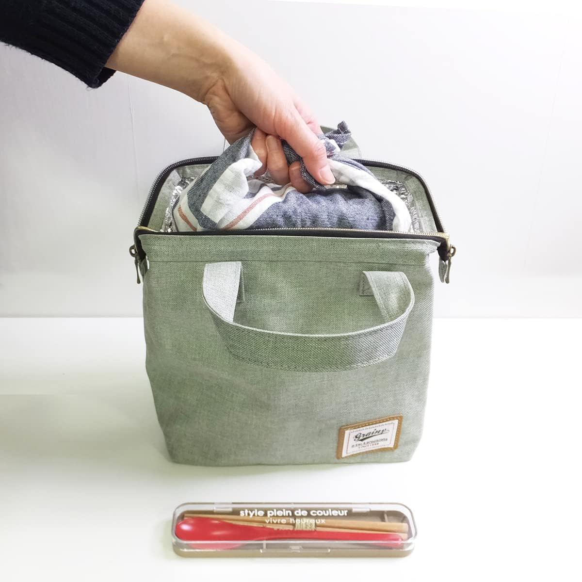 At First AF6049 Lunch Bag, Cold Retention, Handbag, Cute, Women'S, Stylish, Bento Box, for Work or School, Men'S, Lunch Box, Large Capacity, Cold Storage Bag, Simple, L Size, Gray - Blue image number 6