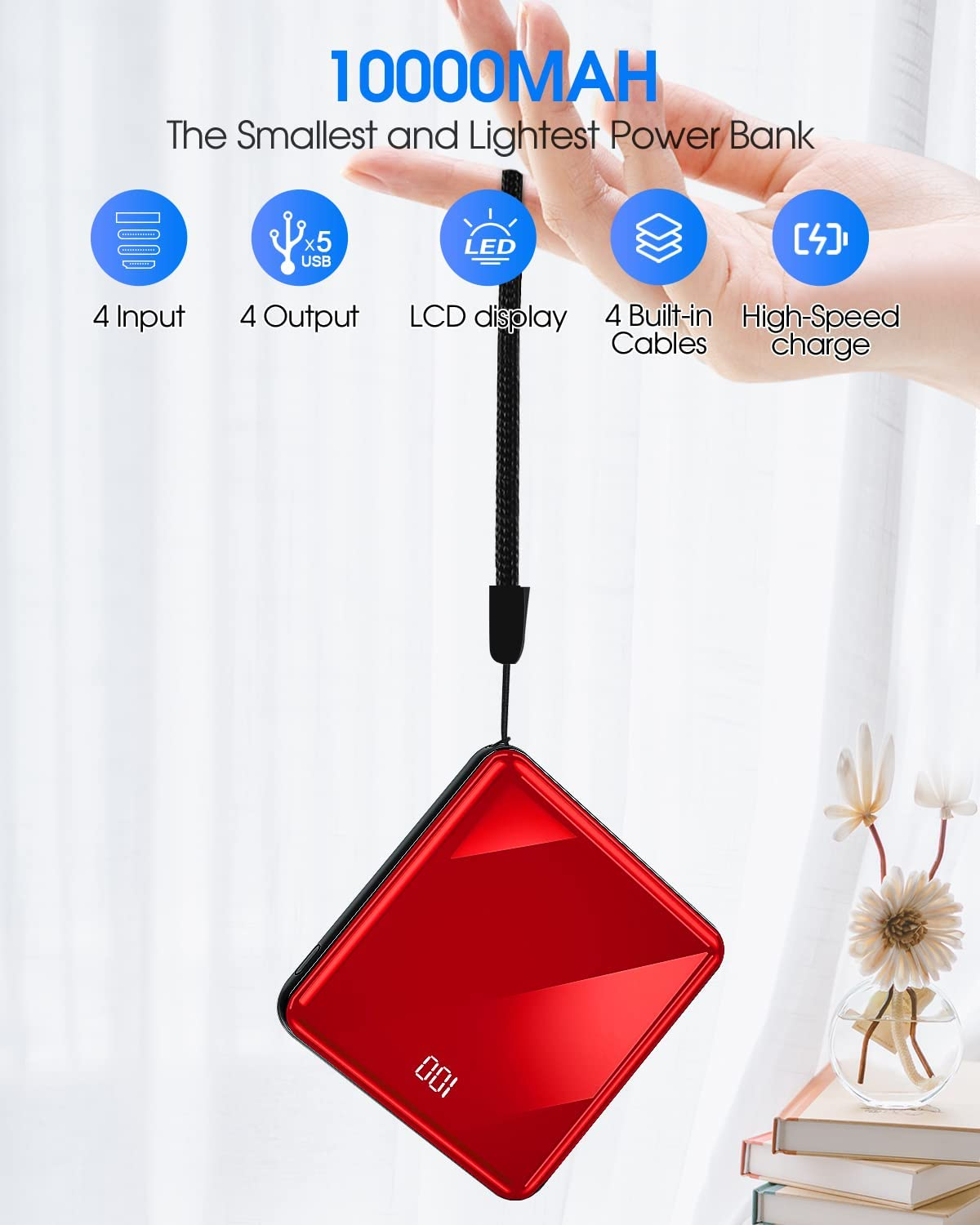Power Bank with Built in Cables, 10000Mah Slim Portable Charger LED Display, Small External Battery Pack with 4 Inputs and 5 Outputs Phone Charger for Iphone Samsung Huawei Ipad Etc (Red) image number 2