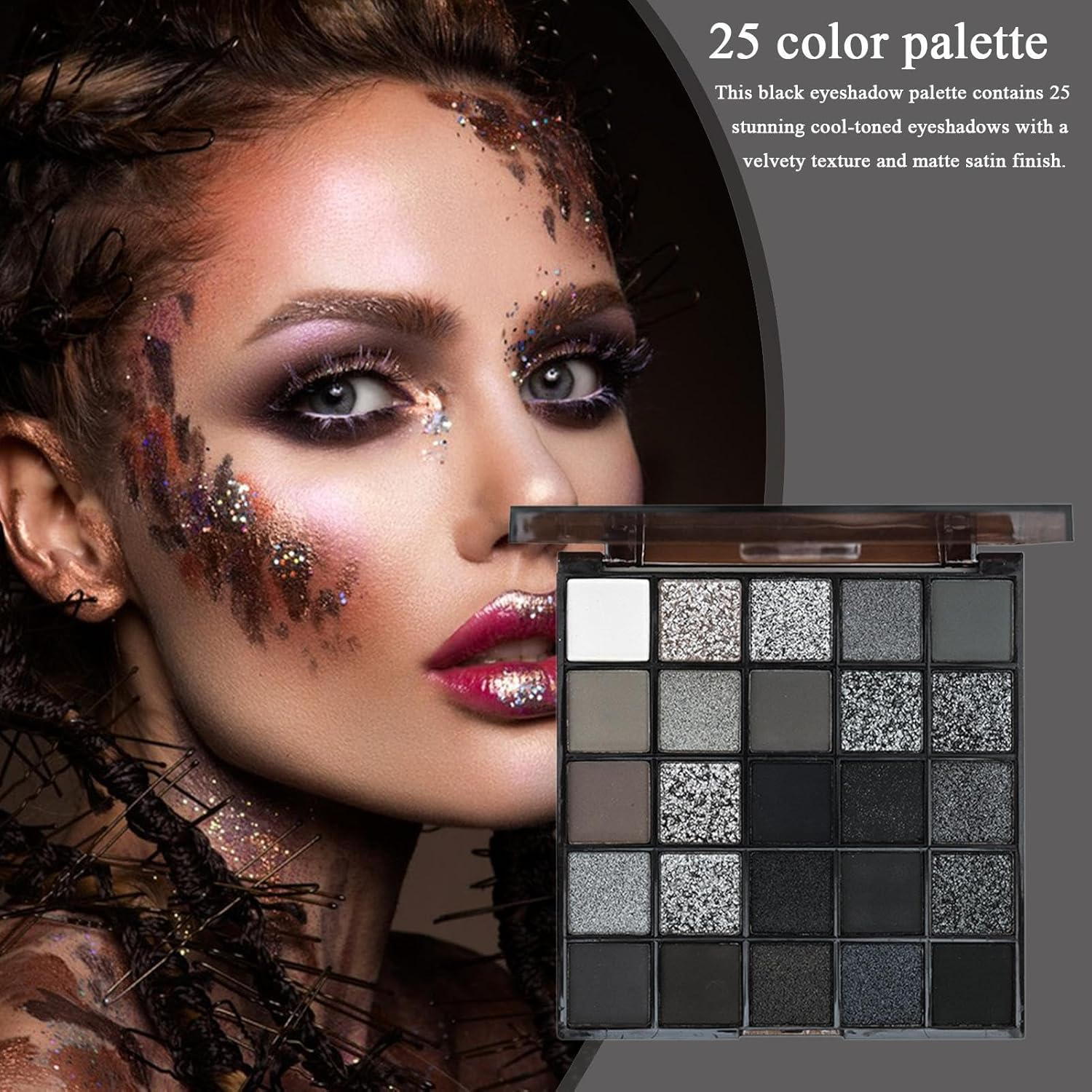 Dark Eyeshadow Palette &ndash; 25 Color Matte Shimmer, Black Smoky Eyeshadow, Blendable Gothic Powder with Cool Tone Shades | Holiday Eye Look for Christmas Easter Halloween Party Cosplay Night Out image number 6