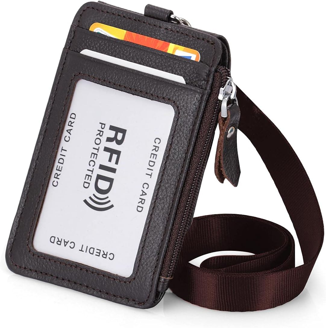 Badge Holder with Zipper Genuine Leather RFID Keychain Wallet Neck Lanyards with Swivel Hook for Card/Coin/Cash, Coffee