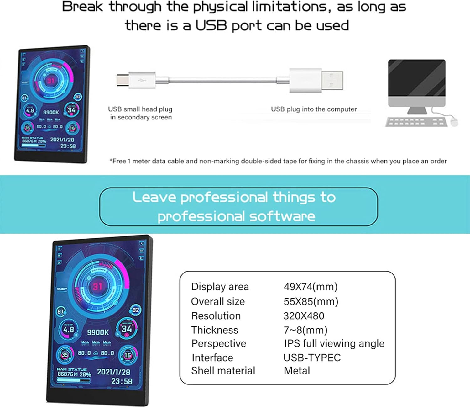 Mini Smart Monitor, 3 Inch USB IPS Full Screen Display, 360 Degree Rotation PC CPU Data, Lightweight Design, Temperature Monitor for Monitoring Electronic Devices image number 6