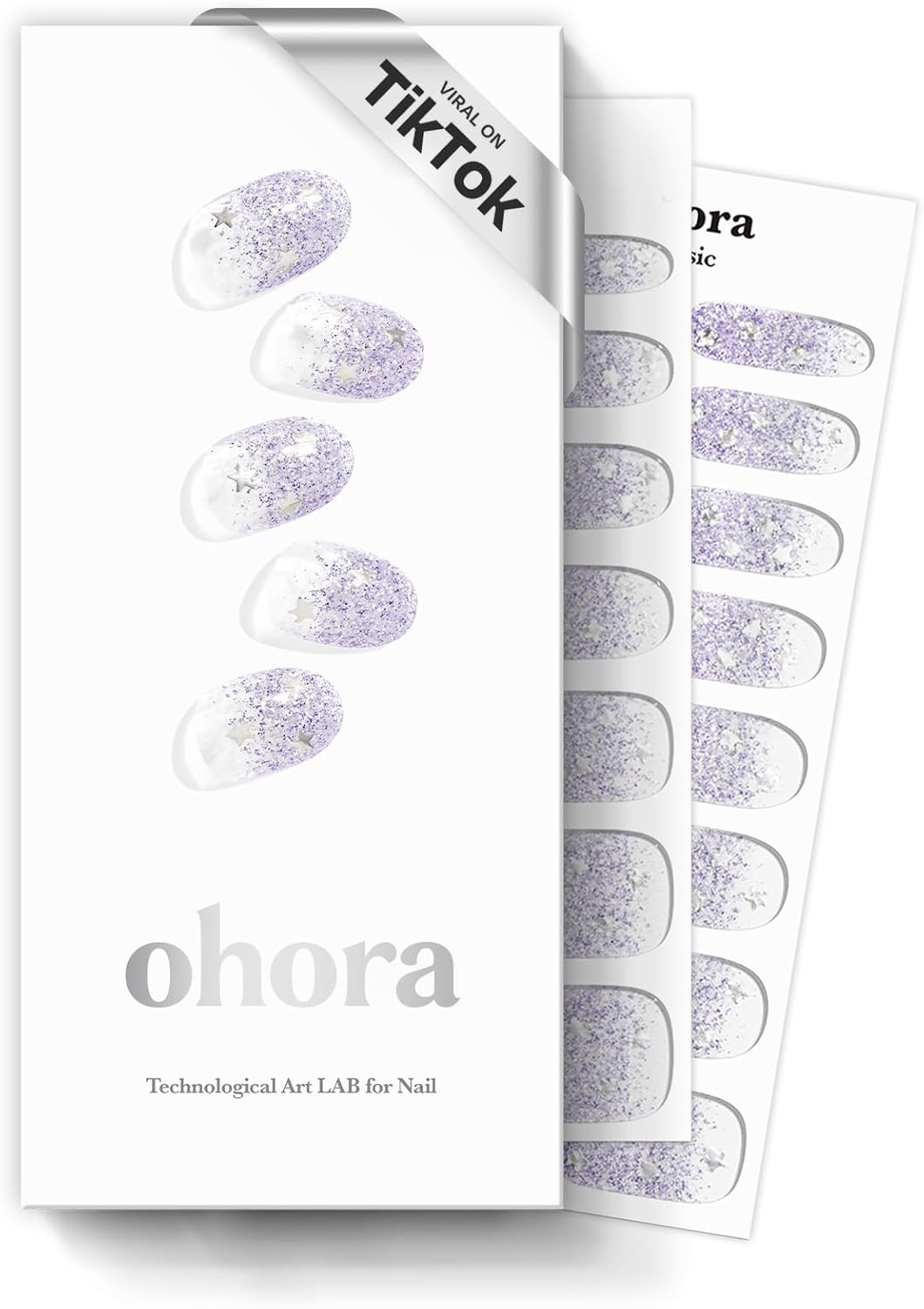 Ohora Semi Cured Gel Nail Strips (N Shooting Star) - Purple, Glitter, Works with UV/LED Lamps, Salon-Quality, Long Lasting, Easy to Apply & Remove - Includes 2 Prep Pads, Nail File & Wooden Stick image number 2