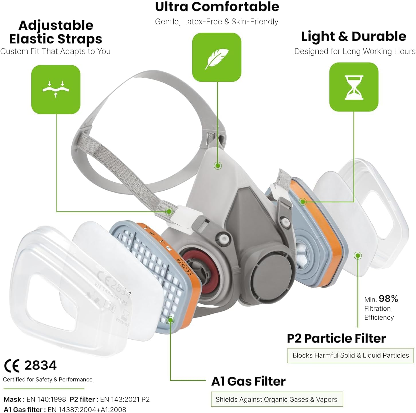 Respirator Reusable Half Face Cover, Gas Cover Organic Vapor Mask with Safety Glasses, for Painting, Chemical, Organic Vapor, Welding, Polishing, Woodworking and Other Work Protection image number 4