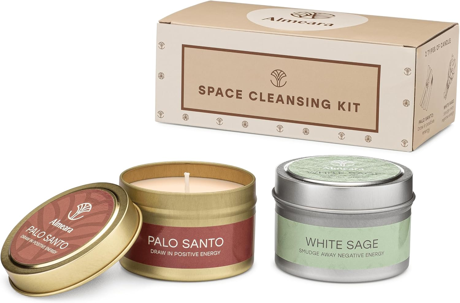Almeara Space Cleansing Kit Sage Candle and Palo Santo Candle Set 3.7Oz Each - 100% Soy Wax Candles with Concentrated Essential Oil - Cleanse Negative Energy - Restore Positive Vibrations image number 6