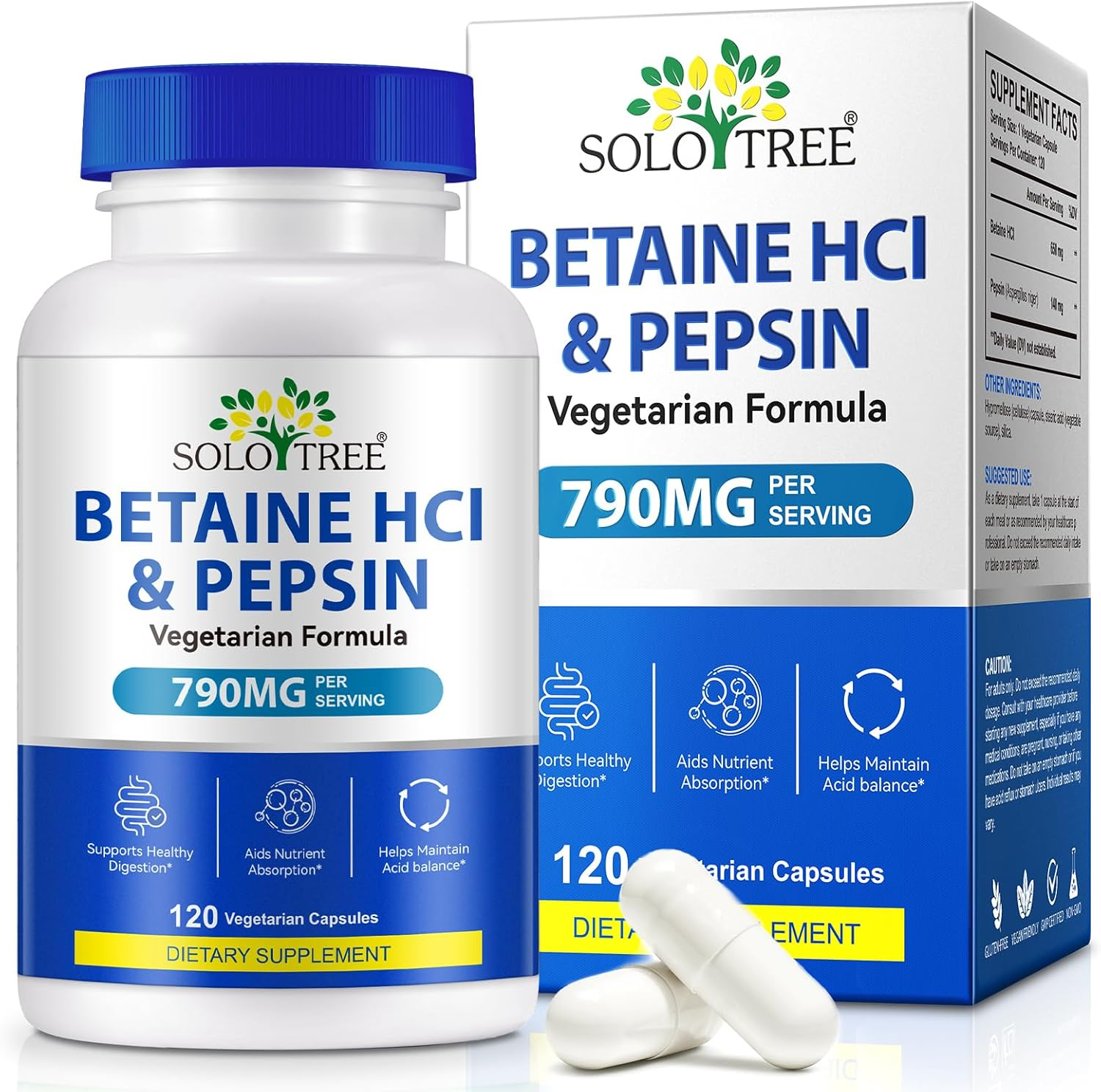Betaine Hcl with Pepsin | 790Mg per Serving | Plant-Based Acid-Stable Enzyme | Vegetarian Formula | 120 Capsules image number 2