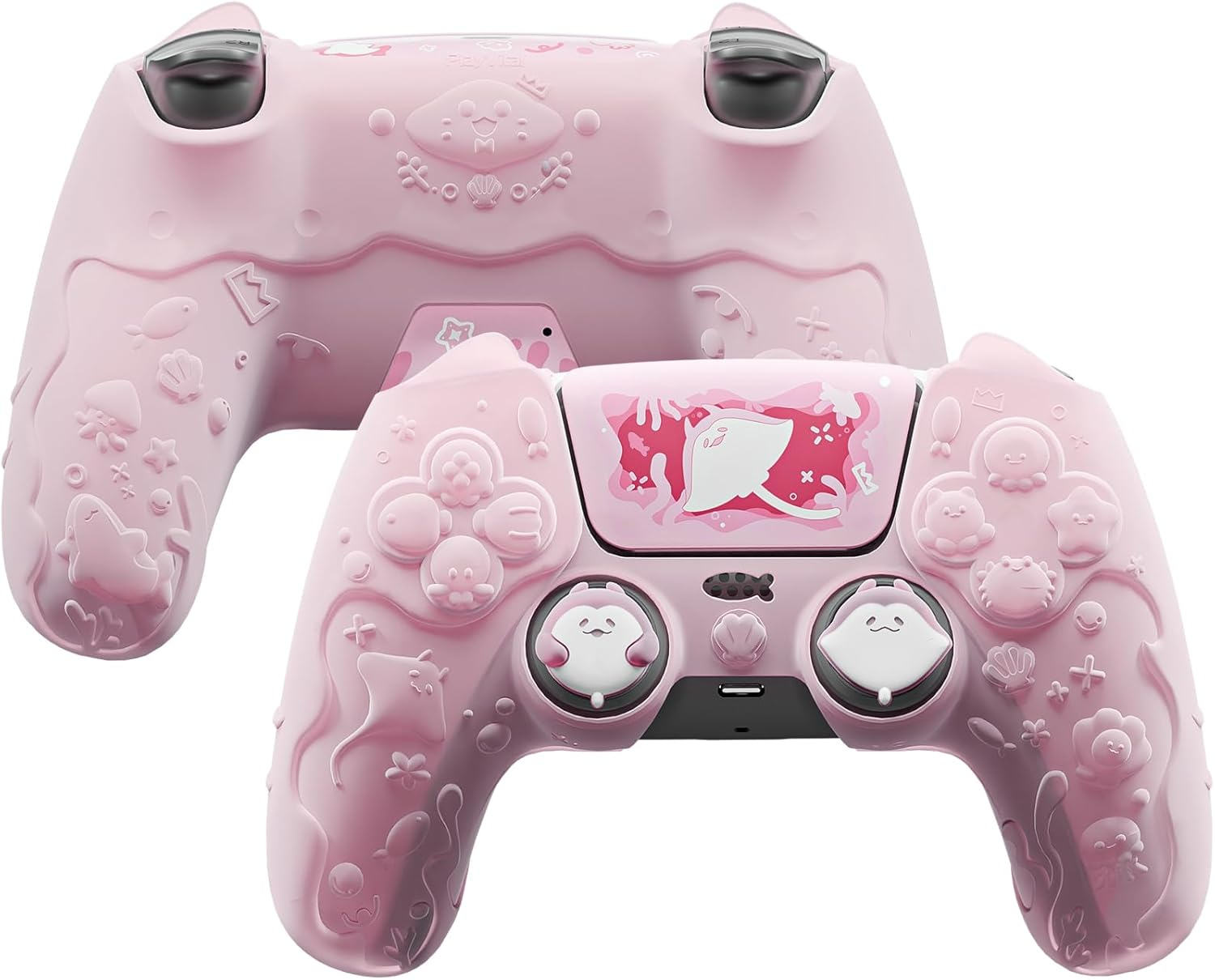 Playvital for PS5 Controller Cover Skin - Cute Ocean Whisper Series Semi-Clear Silicone Case for PS5 Controller with Thumb Grip & Sticker, Charging Station Compatible, Full Protection - Mint Blue