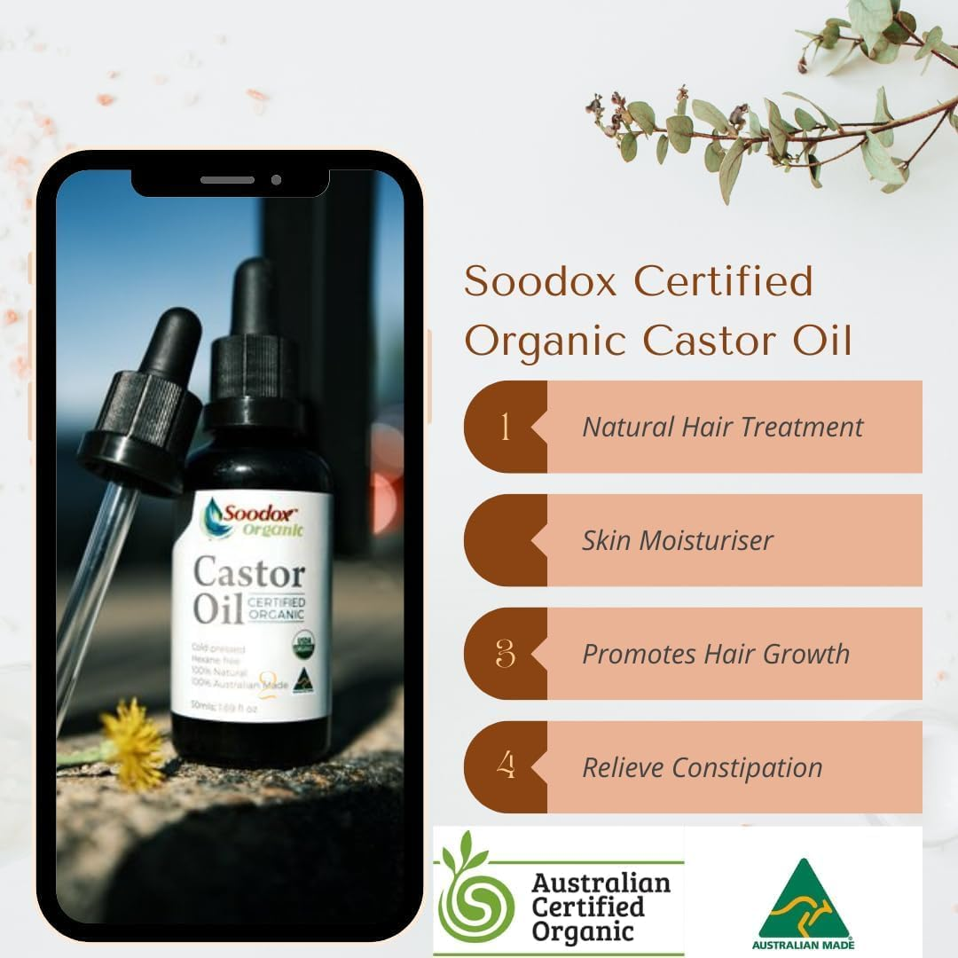 Soodox Organic | 100% Certified Organic Castor Oil | 2 X 50Ml Pack Glass Bottle - Pure Cold Pressed/Hexane Free/Bonus Brushes Included/Australian Made