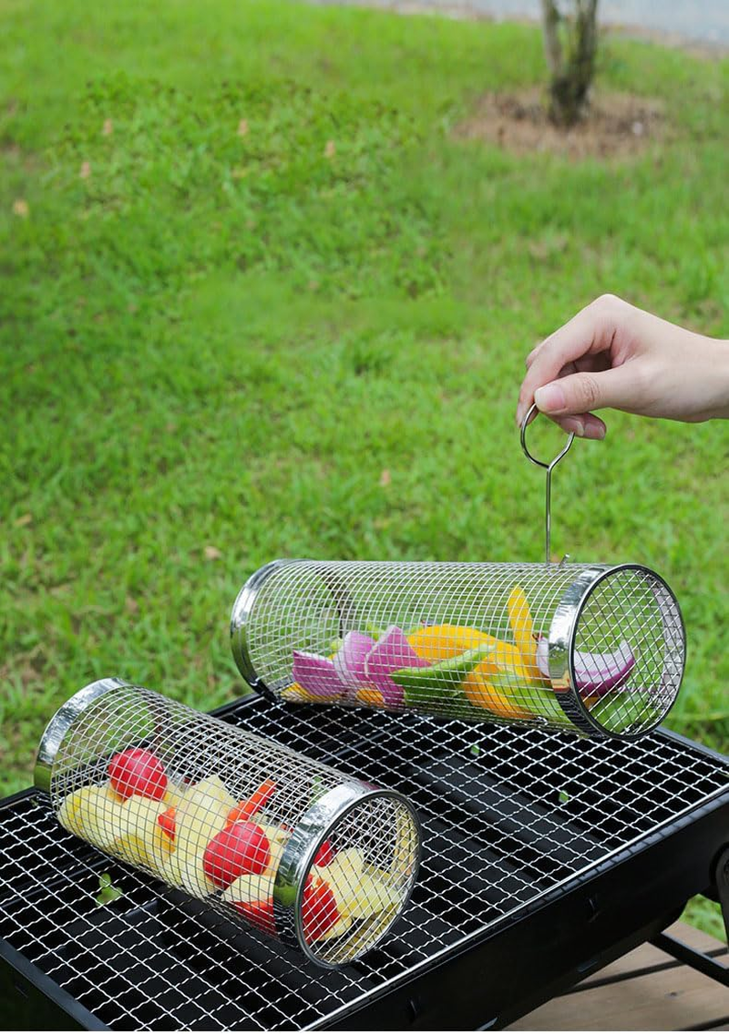 2 PCS Rolling Grill Baskets, 304 Stainless Steel Rolling Grilling Net, Nesting Grill Baskets for Vegetables Shrimp, BBQ, Outdoor Cooking Camping, Gifts for Men Dad Husband image number 4