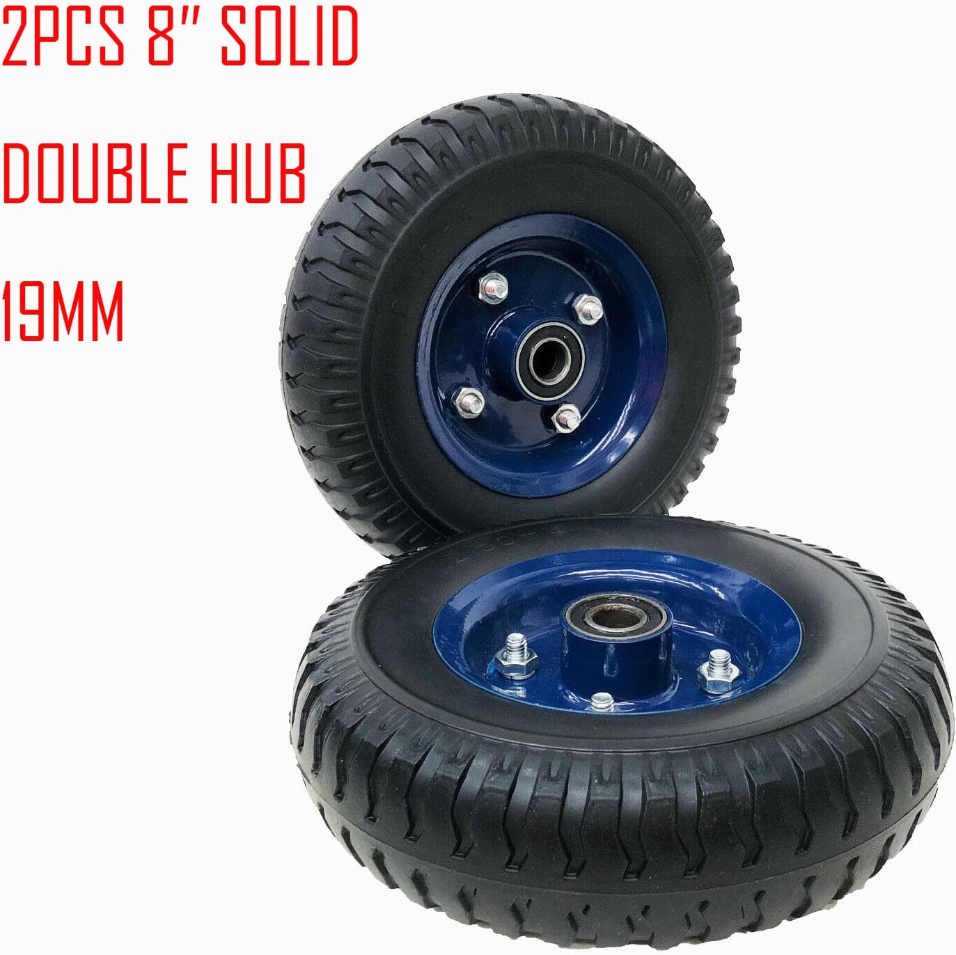 2PCS 8 Inch Solid Rubber Wheel with 16Mm 19Mm 20Mm Double Hub Bore - Cart Tyre for Hand Carts, Heavy-Duty Outdoor Equipment, Easy Installation, Solid,Flat Free, Wear-Resistant, Smooth Movement (19MM) image number 1