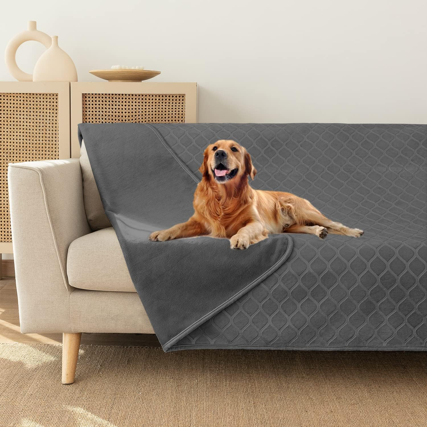 Fuguitex Waterproof Dog Blanket Bed Cover Dog Crystal Velvet Moroccan Fuzzy Cozy Plush Pet Blanket Throw Blanket for Couch Sofa(82 * 102 Inch, Dark Grey+Grey)