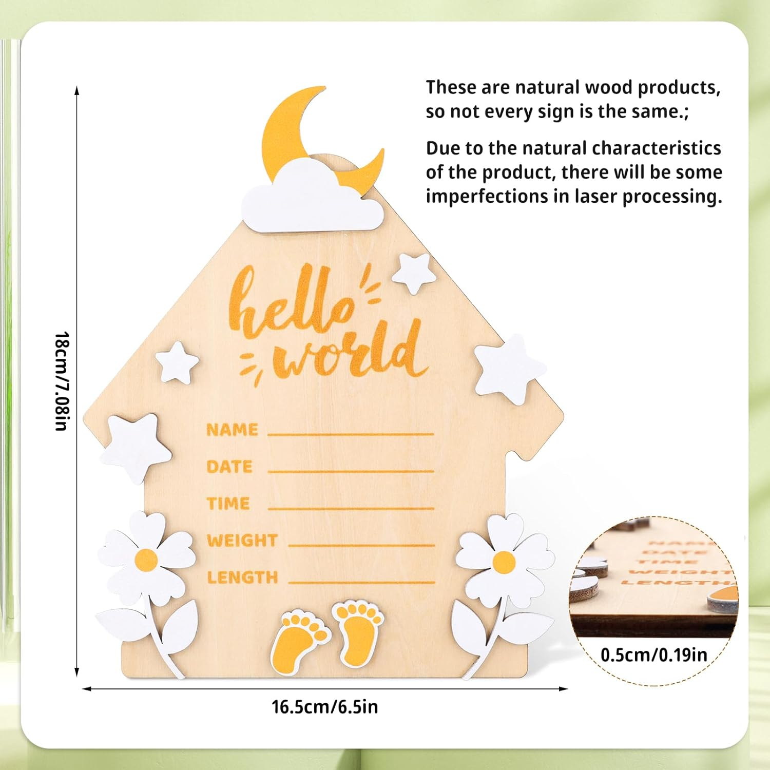 Newborn Birth Announcement Board, Large 7 Inch Hello World Newborn Sign for New Born Baby Welcome Wooden Baby Announcement Plaque Hospital Home Record Board for Baby Gift image number 4