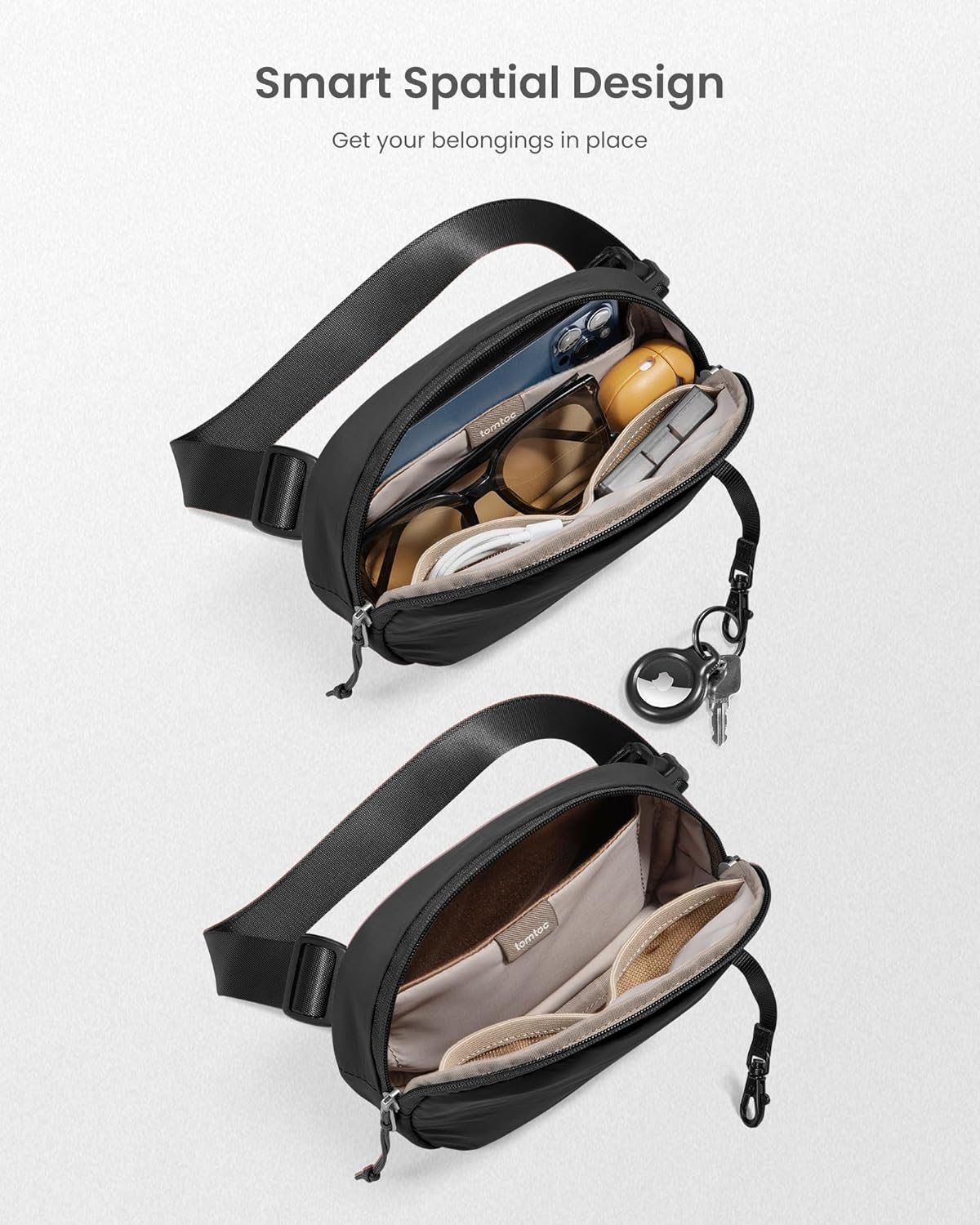 Tomtoc 1.5L Small Sling Bag Waist Pack, Lightweight Bum Bag Fanny Pack with Organized Pockets, Mini Belt Bag with Adjustable Strap for Running Hiking Traveling, Black