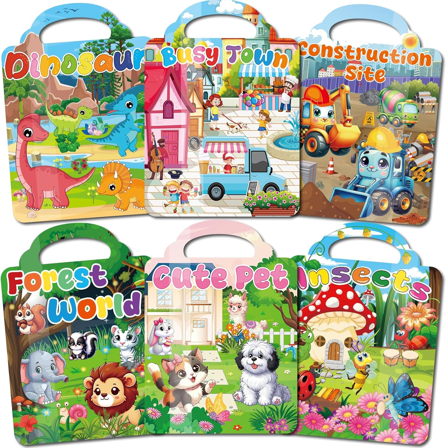 6 Pack Reusable Puffy Sticker Book for Kids 2-4, Reusable Sticker Pad, Includes 6 Themes Dinosaurs,Construction Site, Forest World, Insects, Busy Town, Cute Pet, Sticker for Toddlers 1-3
