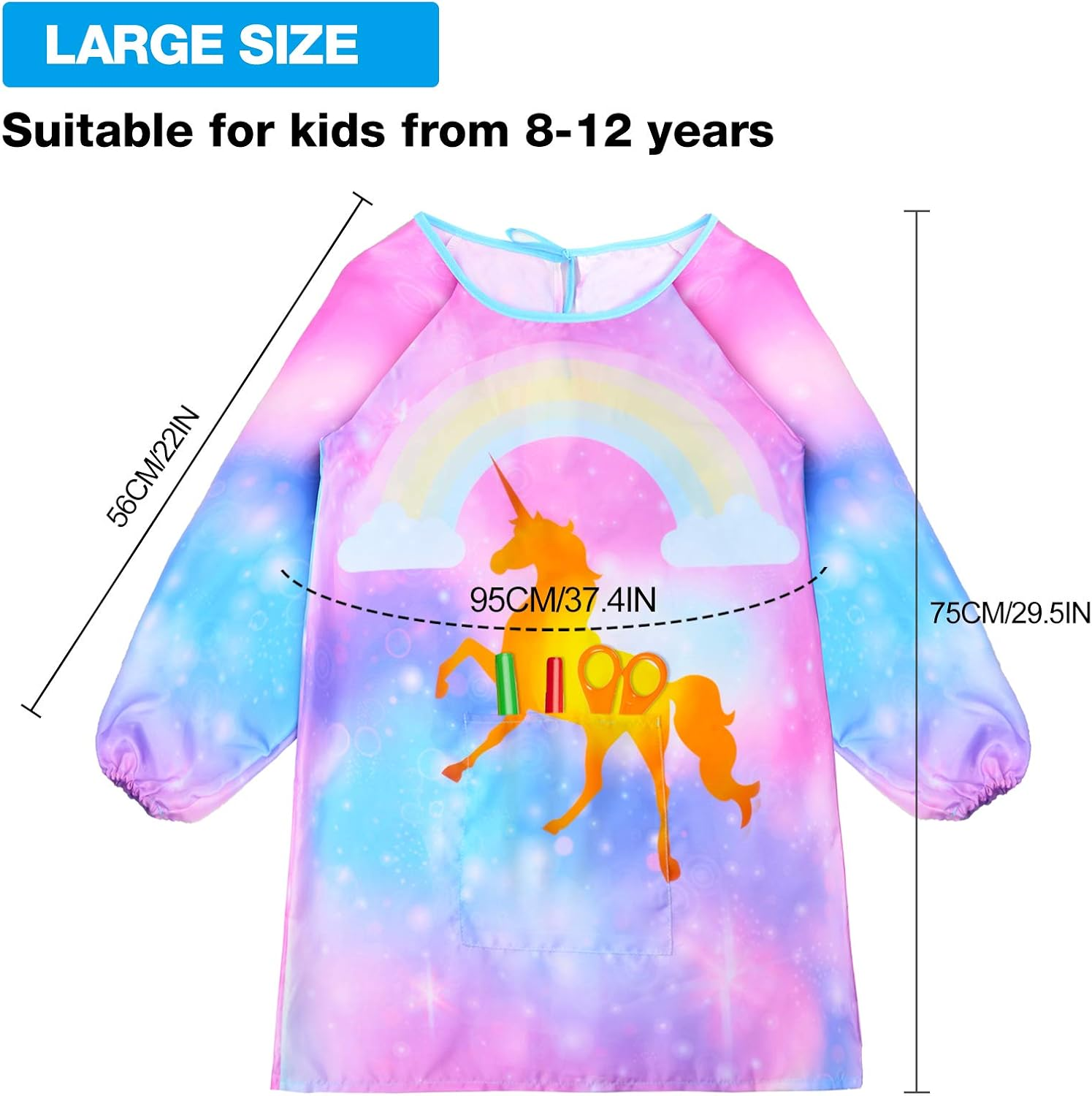Fiodrimy Kids Art Smock, Unicorn Painting Smocks with Pocket, Waterproof Artist Long Sleeve Artist Apron for Child Girls Boys 8-12 Years, Large image number 2