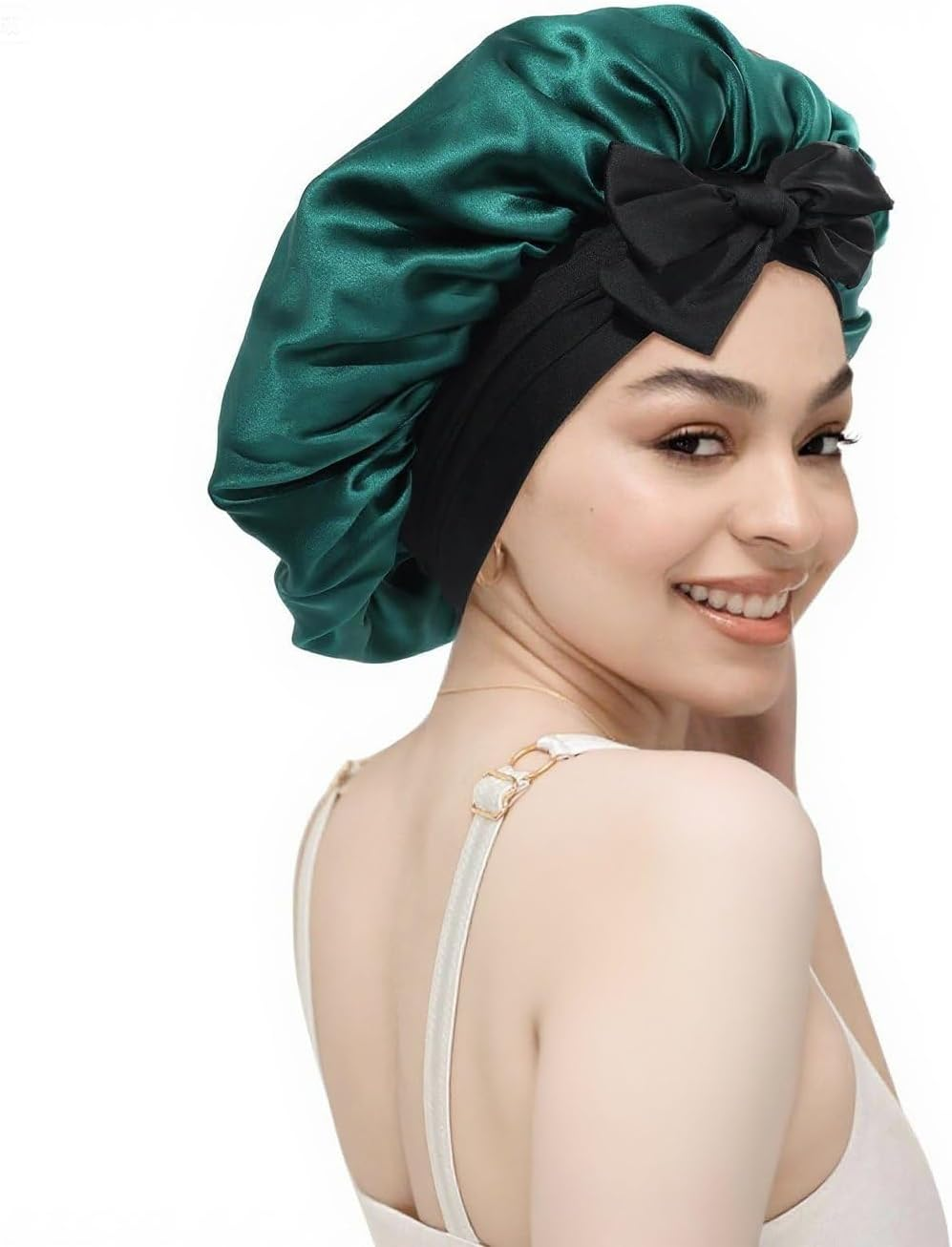 Anicika 100% Silk Bonnet for Sleeping, 22 Momme Pure Mulberry Silk Hair Bonnet Natural Silky Women Sleep Cap with Elastic Reversible Hair Wrap Green image number 2