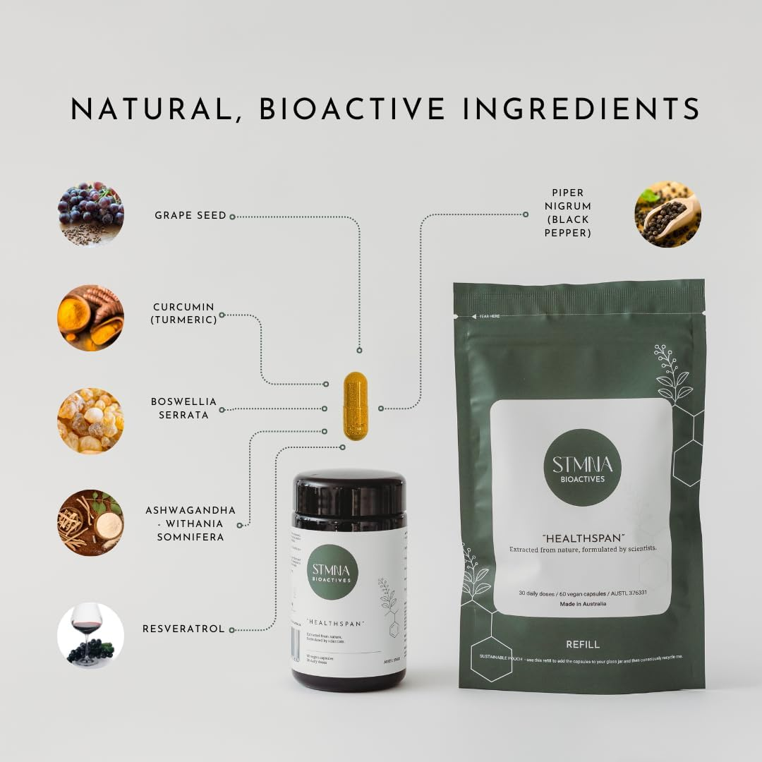 Healthspan Supplement for Longevity (Refill Pouch) - Turmeric, Resveratrol, Ashwagandha | Natural Anti-Inflammatory, Antioxidant & Adaptogen | Cellular & Skin Health - STMNA Bioactives image number 2