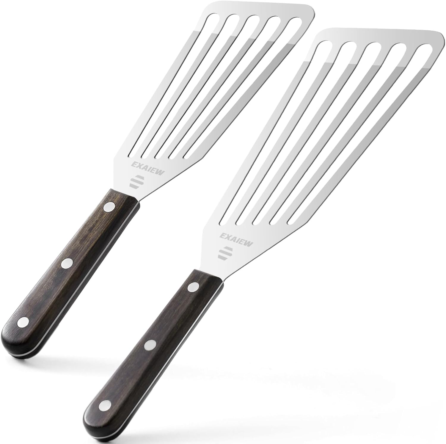 2 Pack Fish Spatula Stainless Steel, Flexible Fish Turner Spatula Perfect for Flipping Eggs, Burgers and Baking, Durable Lightweight Metal Kitchen Slotted Turner for Cooking & BBQ [Wooden Handle] image number 5
