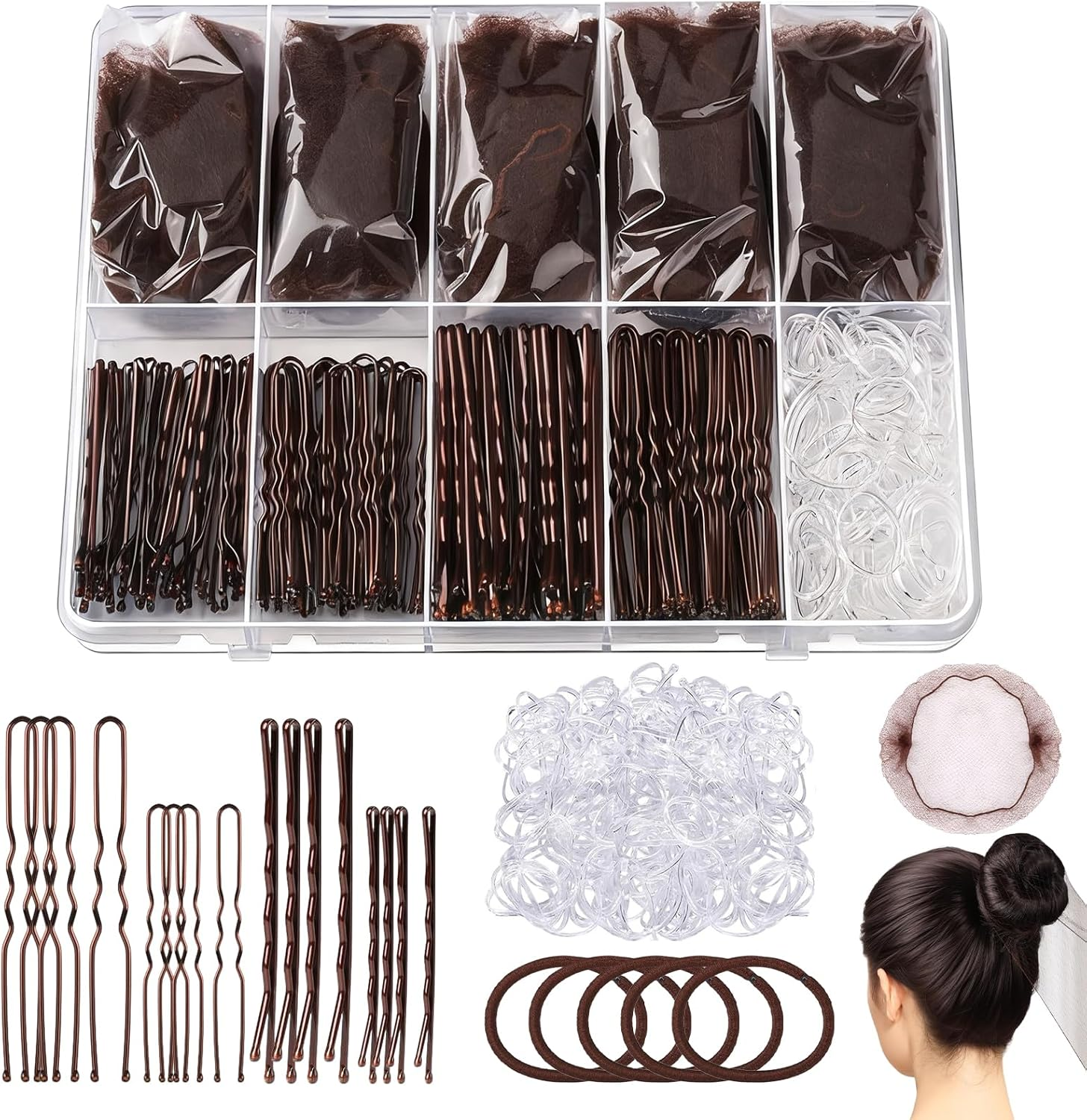 328 Piece Hair Pins Small Bobby Pins Set - 104 U-Shaped Hair Pins, 104 Bobby Pins, 100 Rubber Bands, 15 Hair Net Bun, 5 Scrunchies, Hairstyle Accessories for Girls with Storage Box (Coffee Brown) image number 1