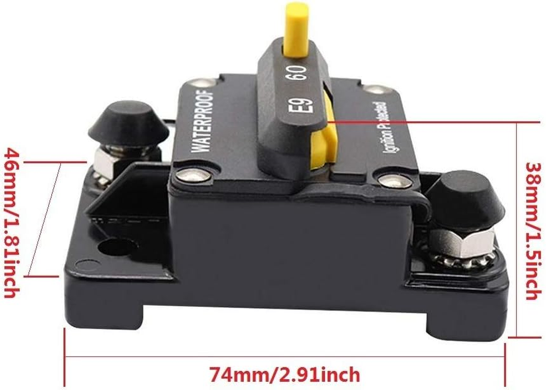 60Amp Circuit Breaker 30-300A with Manual Reset Trolling Motor Auto Car Marine Boat Bike Stereo Audio Terminal Inline Fuse Inverter for System Current Overload Protection 12V-48V DC Waterproof - E100A image number 2