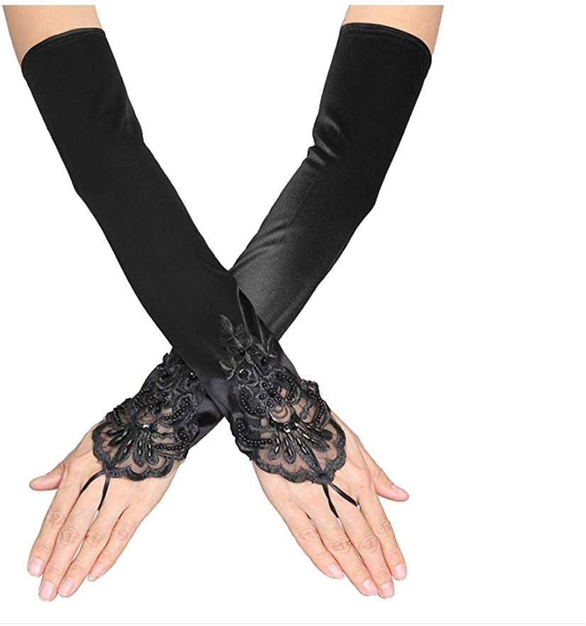 CENZICOM Women'S Lace Satin Bridal Party Fingerless Gloves Sequins Elegant