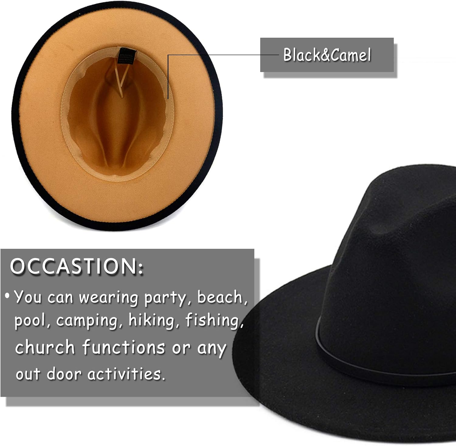 Gossifan Womens & Mens Two Tone Wide Brim Fedora Hats with Classic Belt Patchwork Felt Hats - B-Belt Black/Royal Blue image number 2