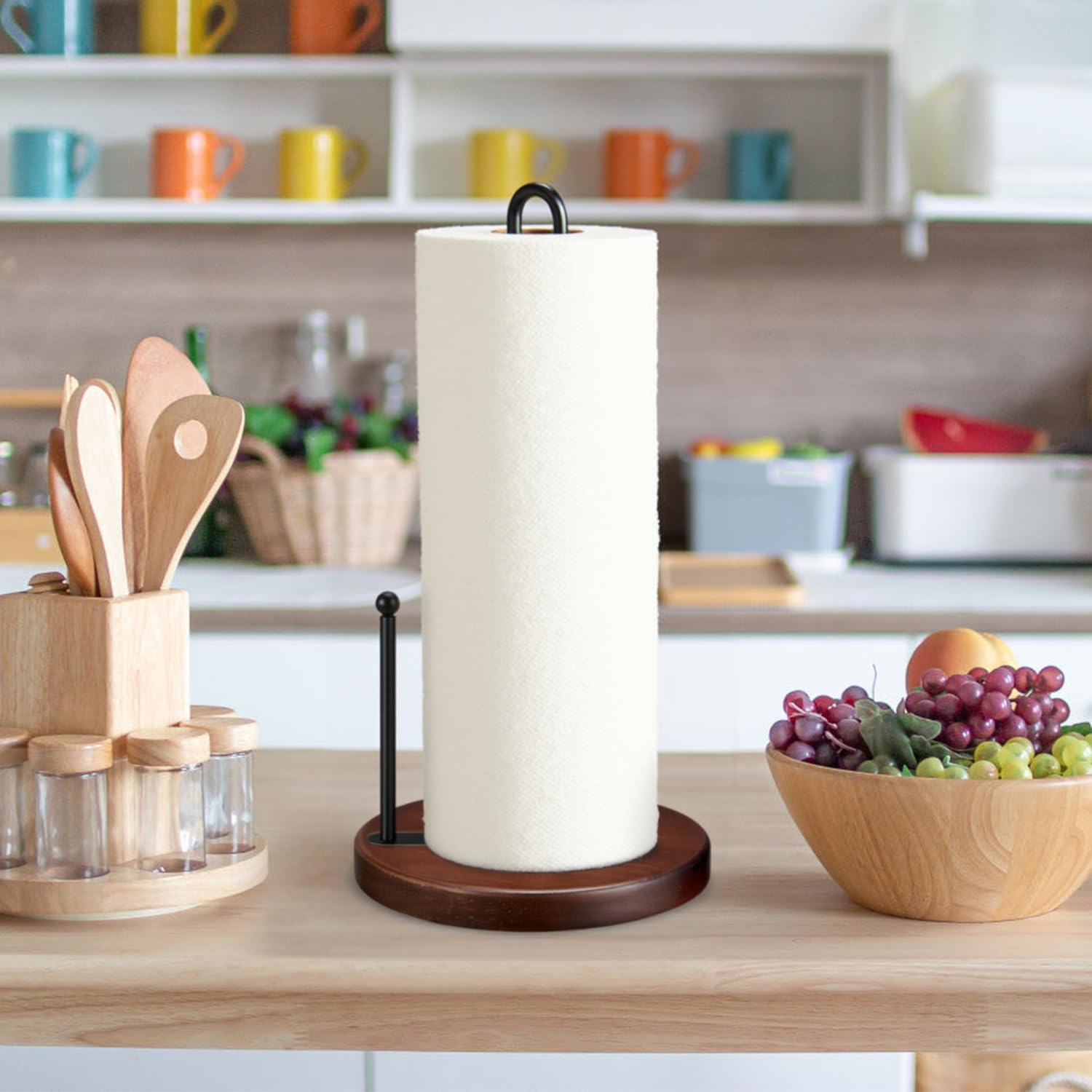 Paper Towel Holder Countertop, Farmhouse Paper Towel Holder with Heavy Duty Wood Base, Wood Paper Towel Holder Rustic Style Stand for Kitchen Decor, Home, Brown image number 4