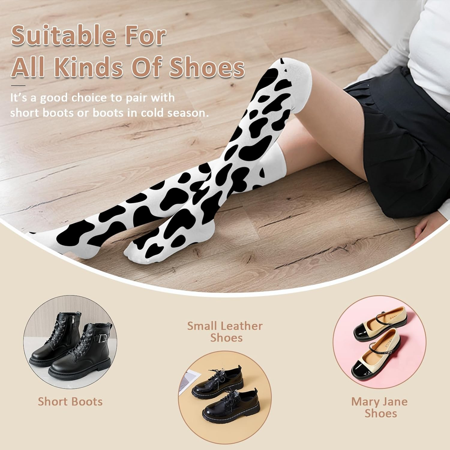 Thigh Knee High Cow Goat Print Socks for Women Compression Black and White Non Slip Long Boot Stocking Thick Warm Girls Fashion Animal Series Stocking Over, Black and White, One Size