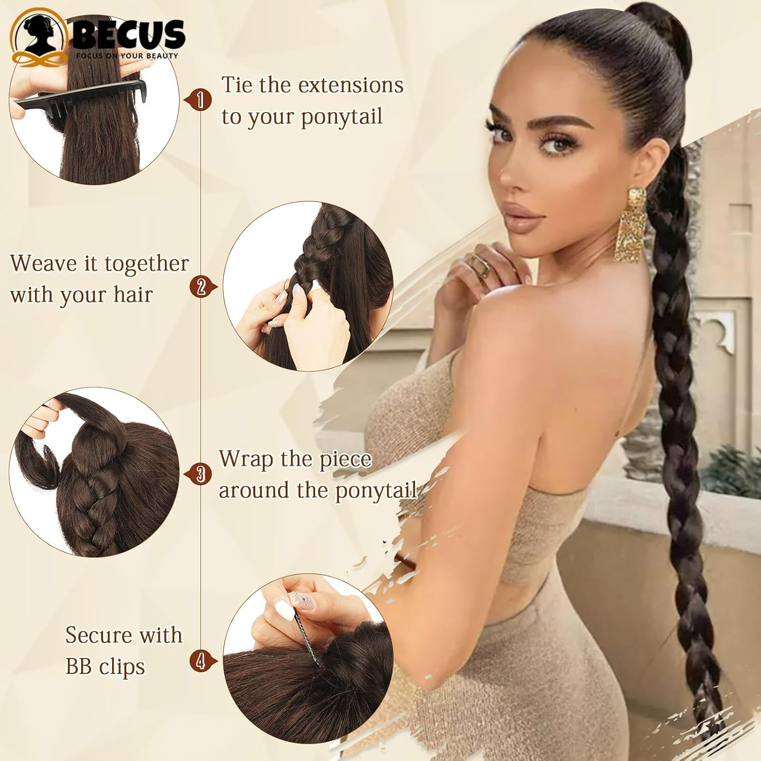 BECUS Long Braid Ponytail Extension with Elastic Tie Straight Sleek Wrap around Braid Hair Extensions for Women Ponytail Natural Soft Synthetic Hairpiece Black Brown 32 Inch(After Braided 30 Inch)
