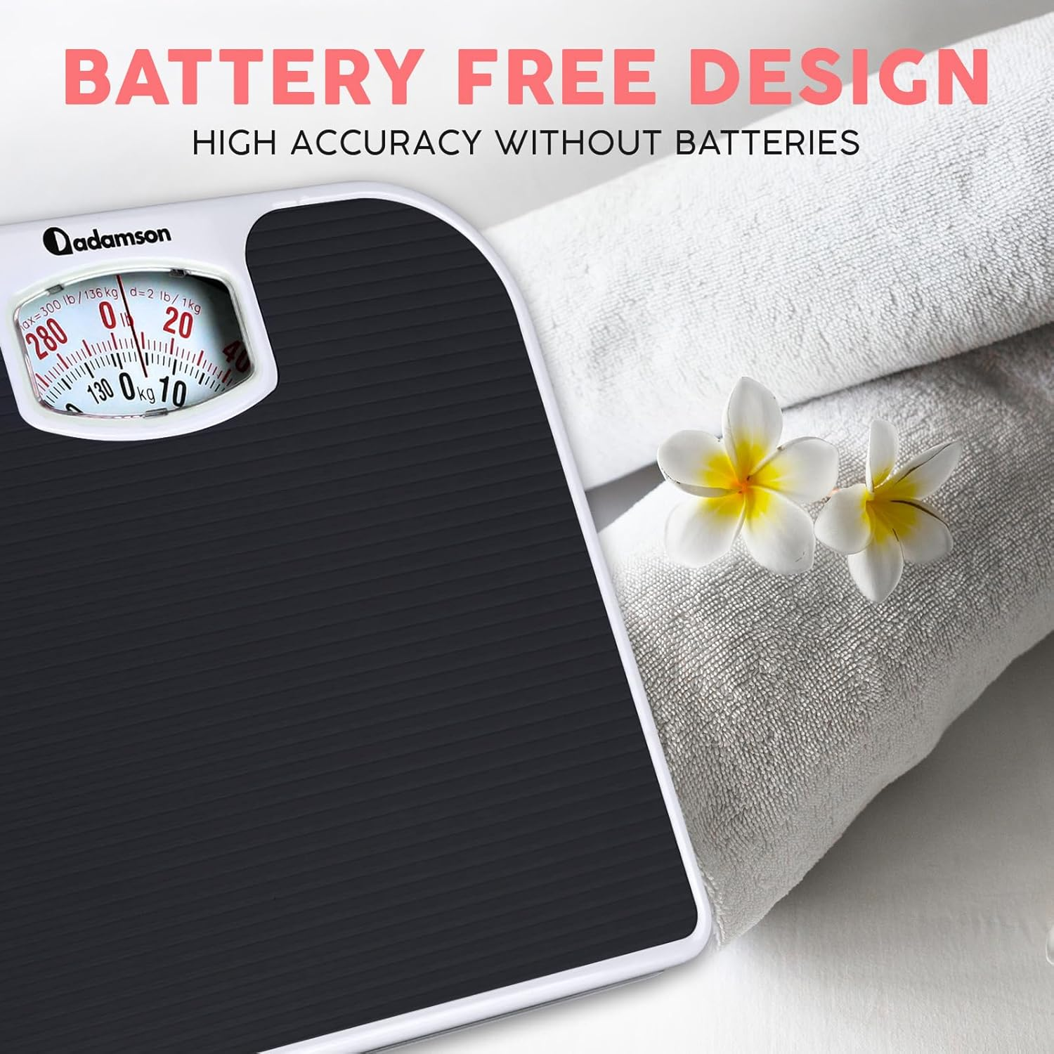 Adamson A21 Analog Scales for Body Weight - up to 300 LB - New Version - Anti-Skid Rubber Surface + Large Numbers - Analog Bathroom Scale - Affordable - Durable with 20-Year Assurance - Black image number 6