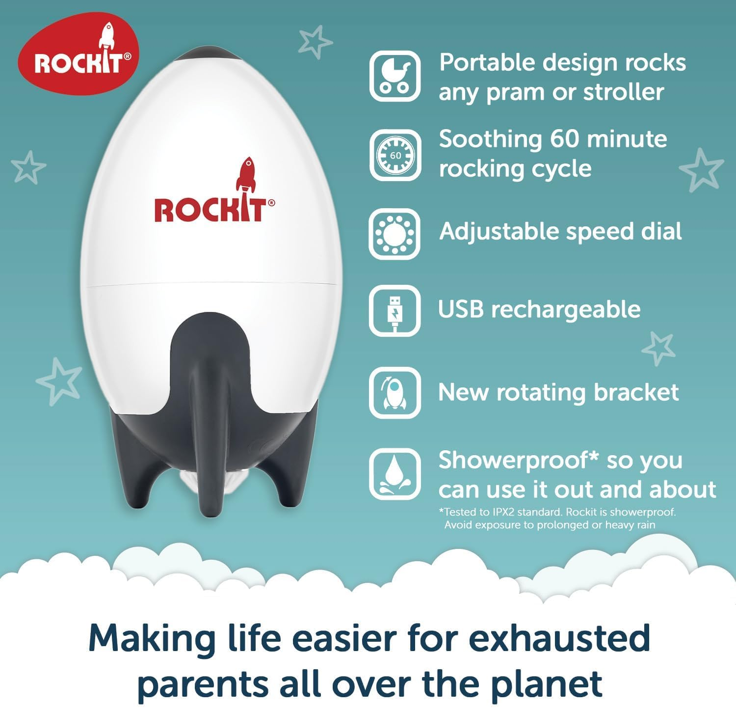 Rockit Rocker Rechargeable - Baby Sleep Aid Gently Rocks Any Stroller or Buggy, Adjustable Speed with 60 Minute Timer - Fits All Pushchairs & Prams to Create a Baby Bouncer