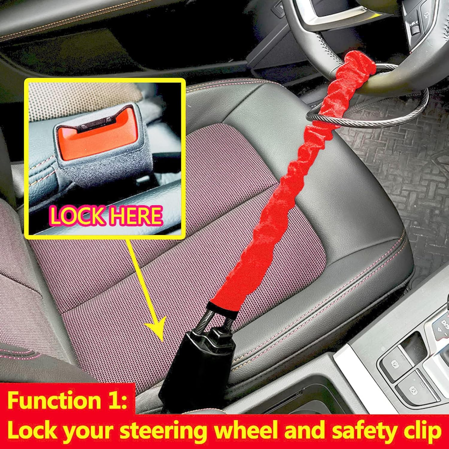 Car Steering Wheel Lock, Seat Belt Lock, Anti-Theft Device, Max 17 Inch Length, Small and Light-Weight, Multi-Functional, Fit Most Vehicle, SUV, Golf Cart Security Red-Black image number 5