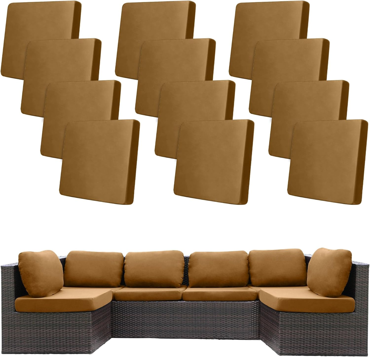 12Pcs Stretch Patio Cushion Covers for Outdoor Couch and Sofa Replacement - Washable Furniture Slipcovers (Camel, Cover Only)