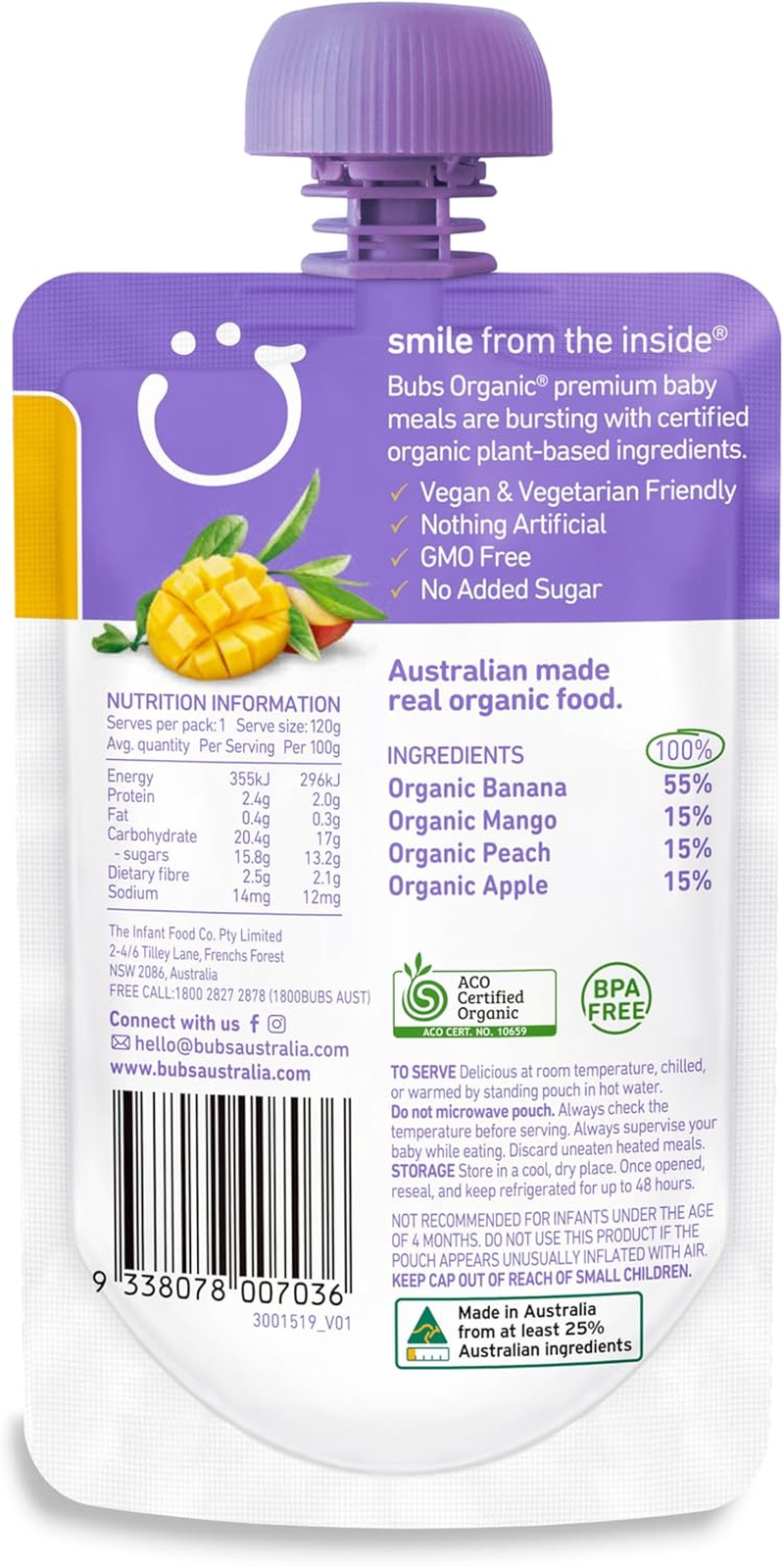 Bubs Organic Mango, Peach & Banana Pouch, 4+ Months Baby Food, Fruit Puree Snack, No Added Sugar, 120G image number 1
