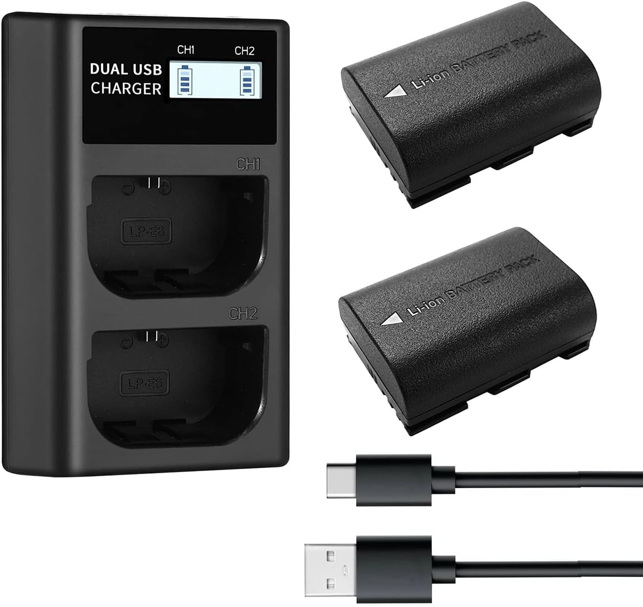 QUMOX LP-E6NH Replacement Battery & USB Charger Set, 2X Pack 2250Mah Replacement for LP-E6 LP-E6NH Battery, Dual Slot USB Charger Compatible with Canon EOS R7 R5 R6 R6 II R, 5DIV, 6DII, 7DII, 80D, 90D image number 2