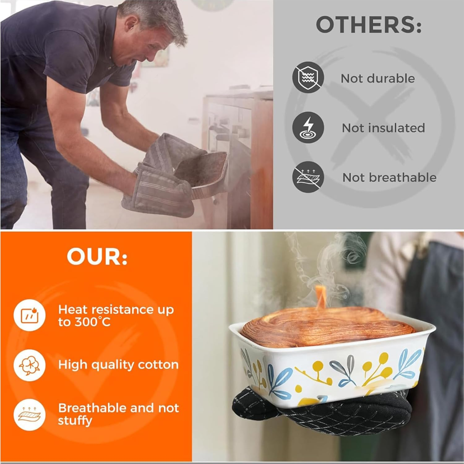 LF Line 2 Pcs Long Oven Mitts Heat Resistant for Kitchen, Kitchen Oven Gloves with Non-Slip Silicone Stripe Soft Cotton Lining, Silicone Oven Mitts for Cooking Baking BBQ Grey - Grey image number 2