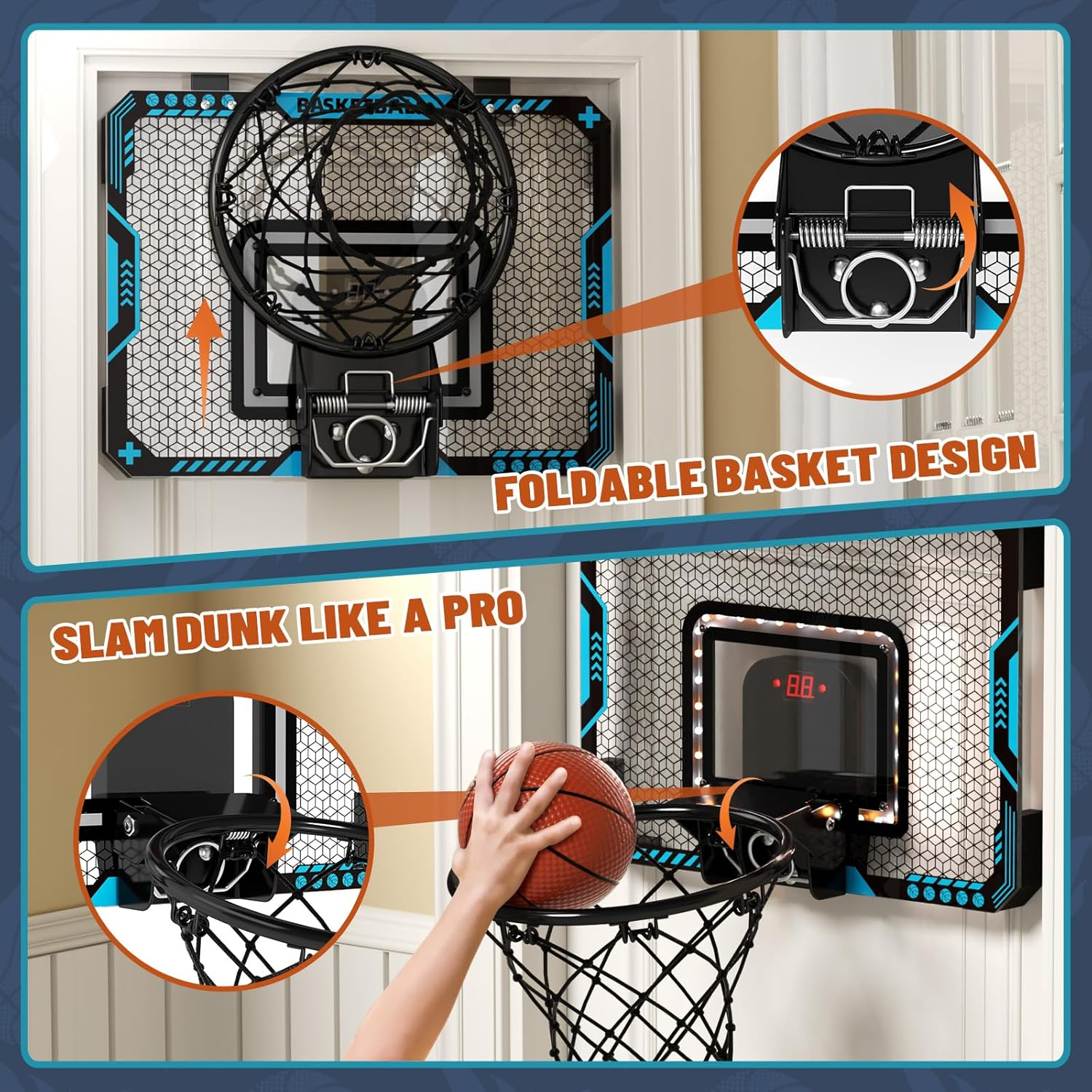 Uregoio Indoor Mini Basketball Hoop for Boys Kids Aged 5 6 7 8 9 10 11 12+, over the Door Basketball Hoops with LED Lighting, Electronic Scoreboard, and 4 Balls, Sport Toys Birthday Gift image number 3