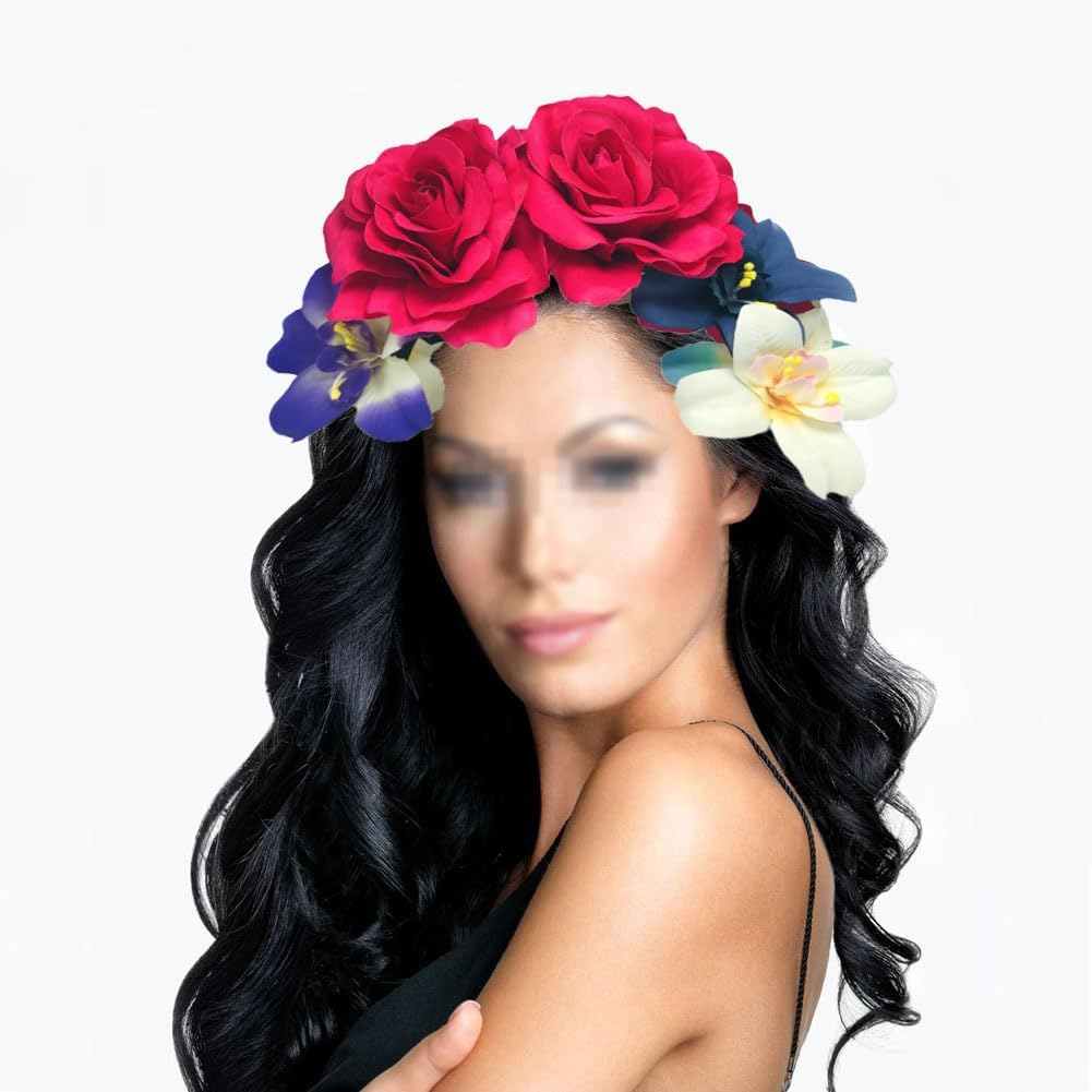 OHEETU Mexican Floral Headband Double Sided Rose Flower Crown Hairband Cosplay Hair Accessory for Halloween Carnival Wedding Party image number 4