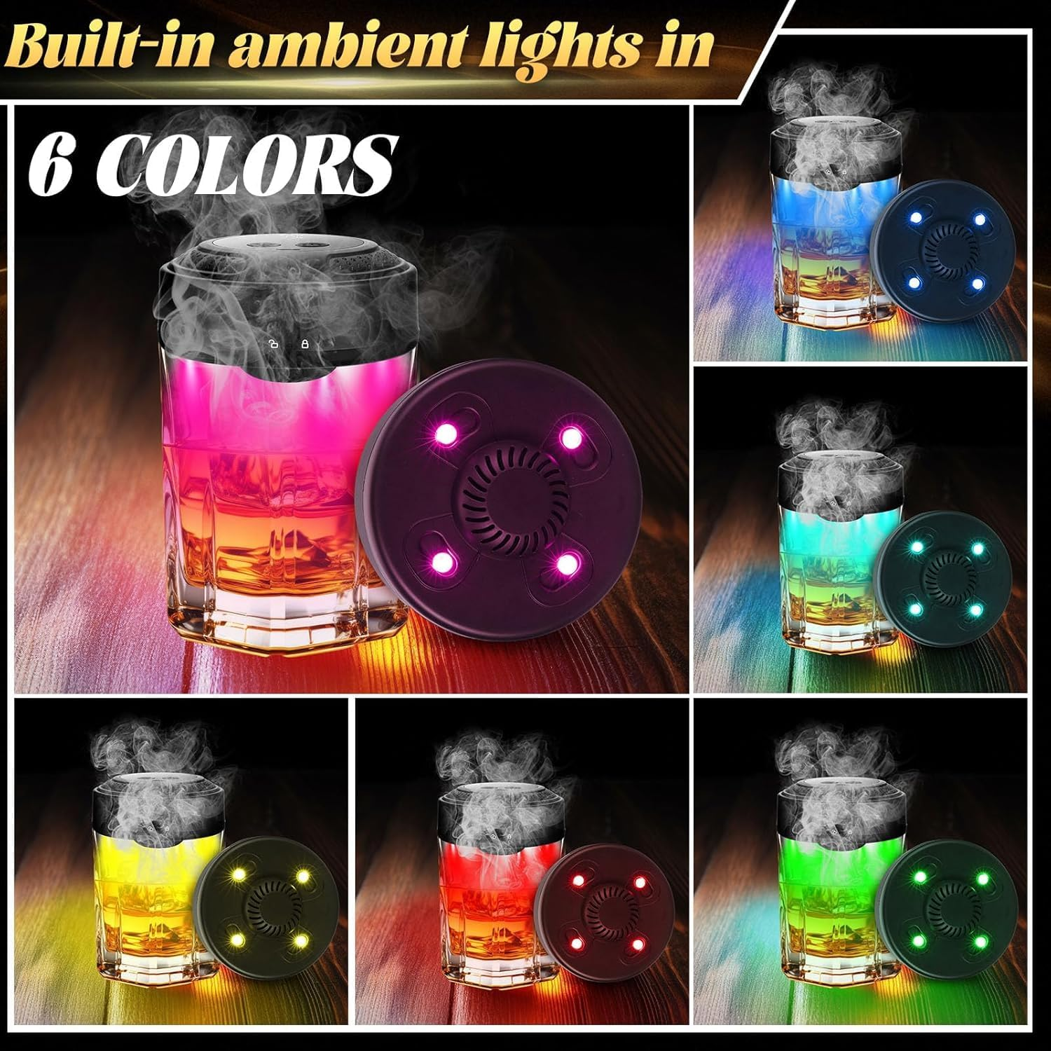 Electric Whiskey Smoker Kit, Old Fashioned Smoker Kit, Built-In Lighter & Ambient Light, 4 Reusable Ice Cubes 6 Wood Chips, Gifts for Men Dad Husband Whiskey Lovers image number 5